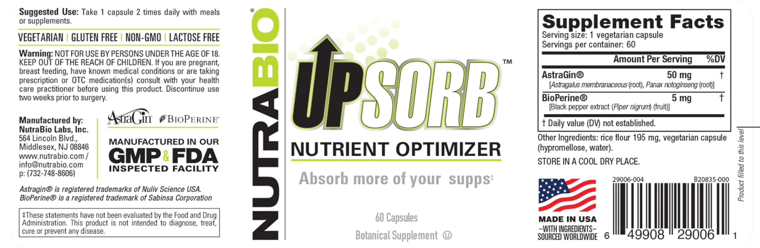 NutraBio UpSorb ingredientes cercano, imagen de AstraGin y BioPerine para eficacia