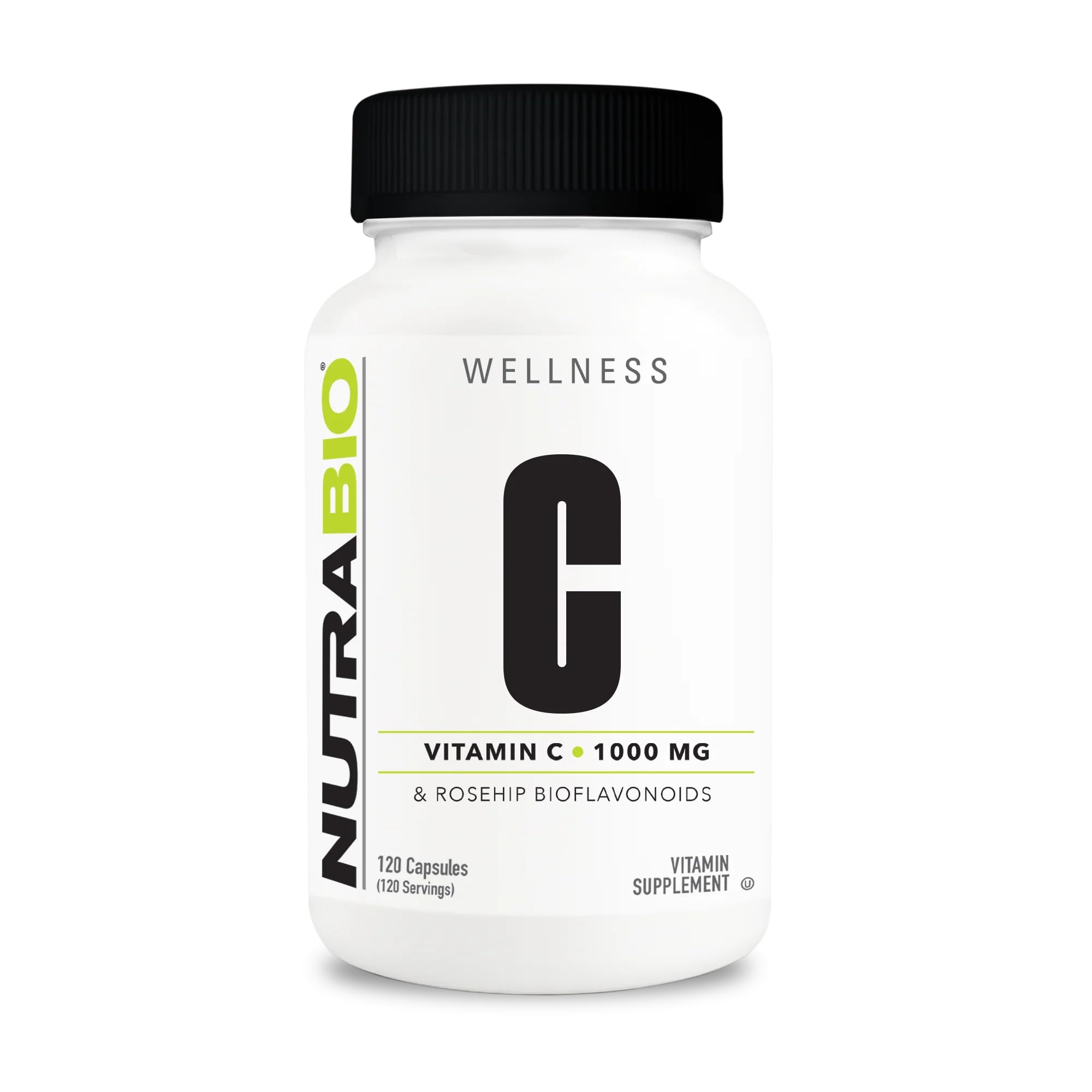 NutraBio bote frontal de Vitamin C con Rose Hips mostrando diseño y beneficio antioxidante