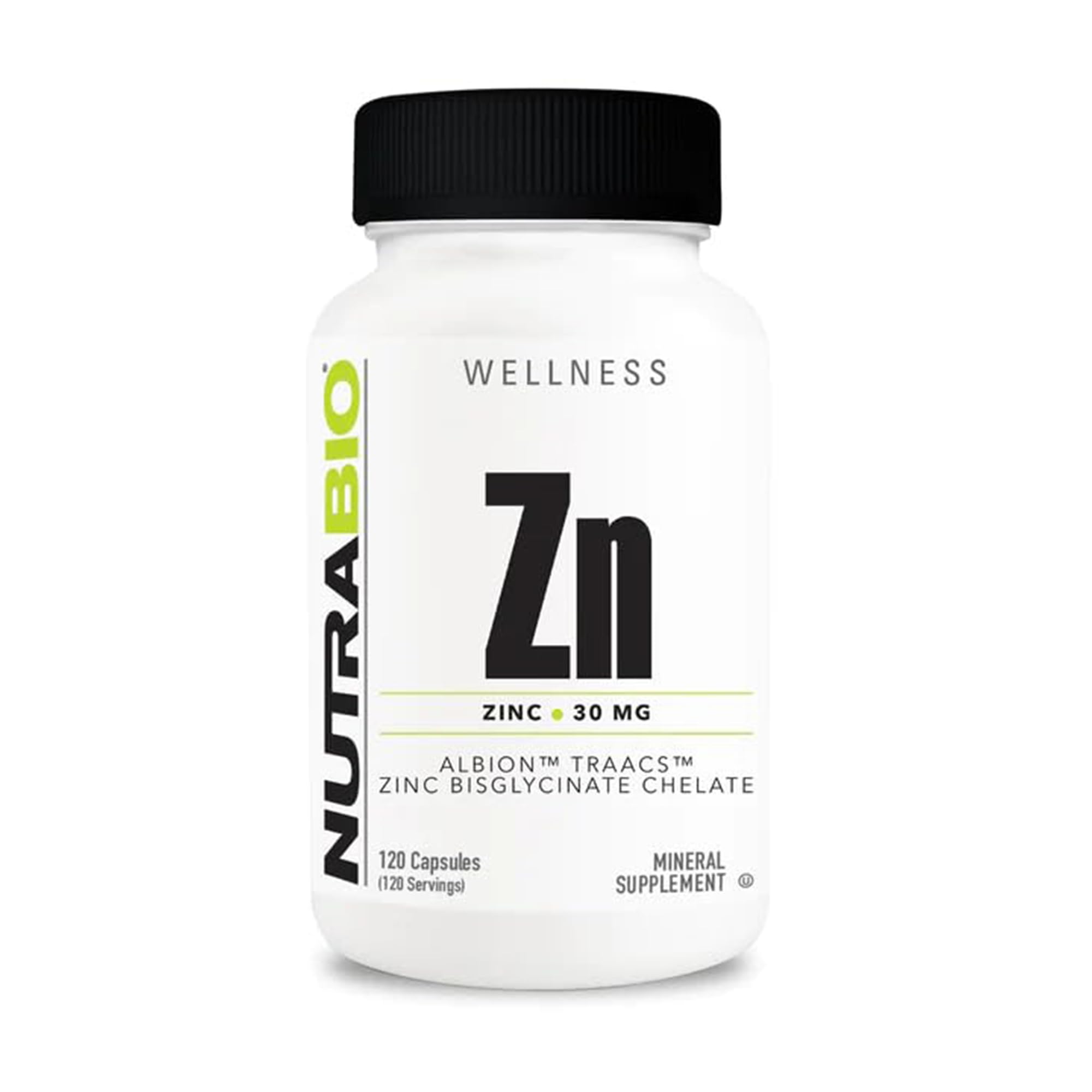 NutraBio frasco frontal del Zinc Chelate mostrando etiqueta clara y beneficios