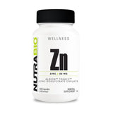 NutraBio frasco frontal del Zinc Chelate mostrando etiqueta clara y beneficios