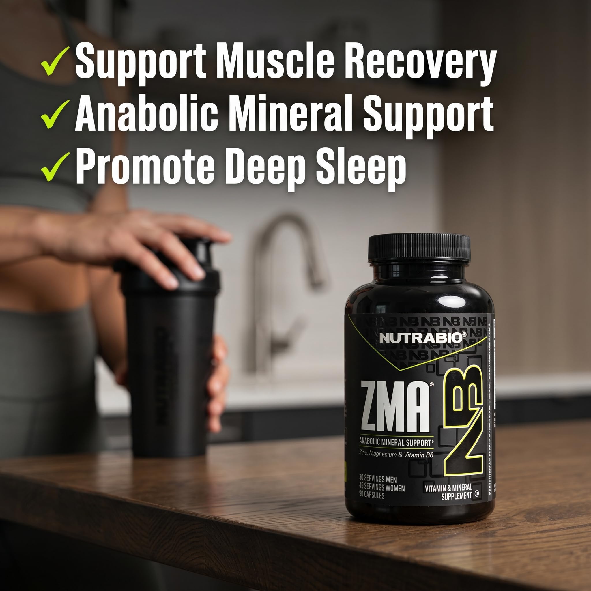NutraBio etiqueta y texto legible destacando zinc, magnesio y vitamina B6