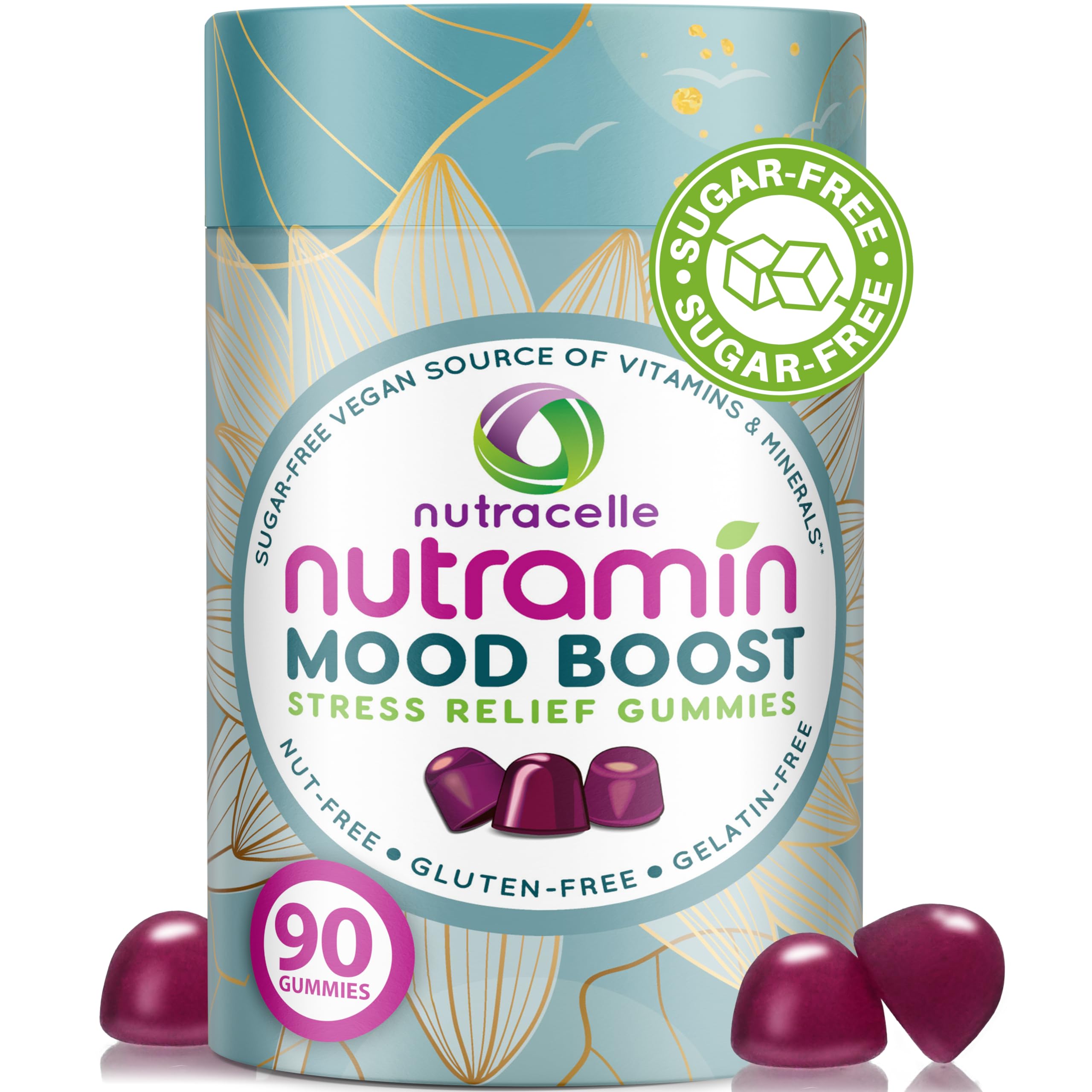 Nutracelle frasco frontal de Nutramin Mood Boost mostrando diseño y conteo