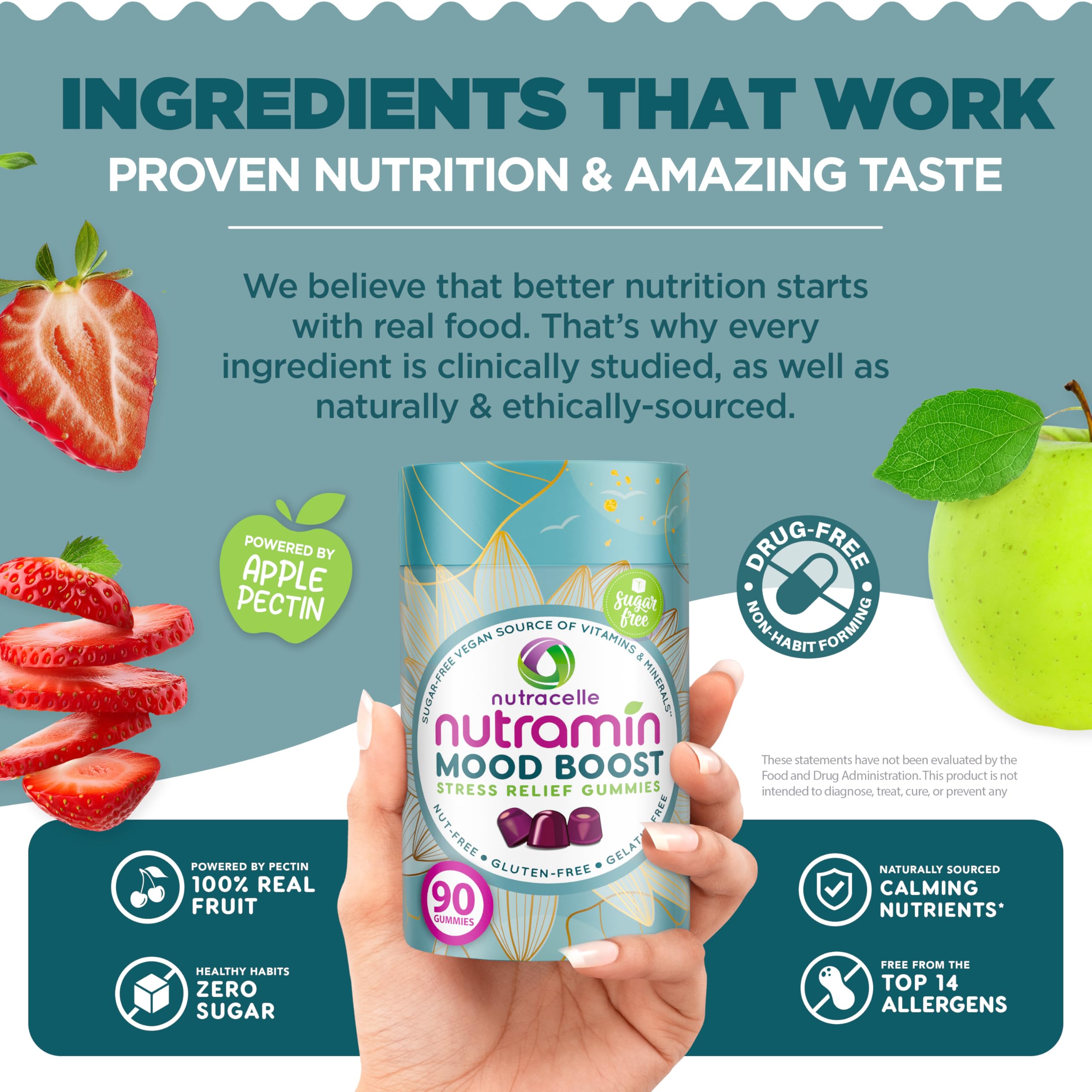 Nutracelle mano sosteniendo gominola Nutramin para toma diaria conveniente