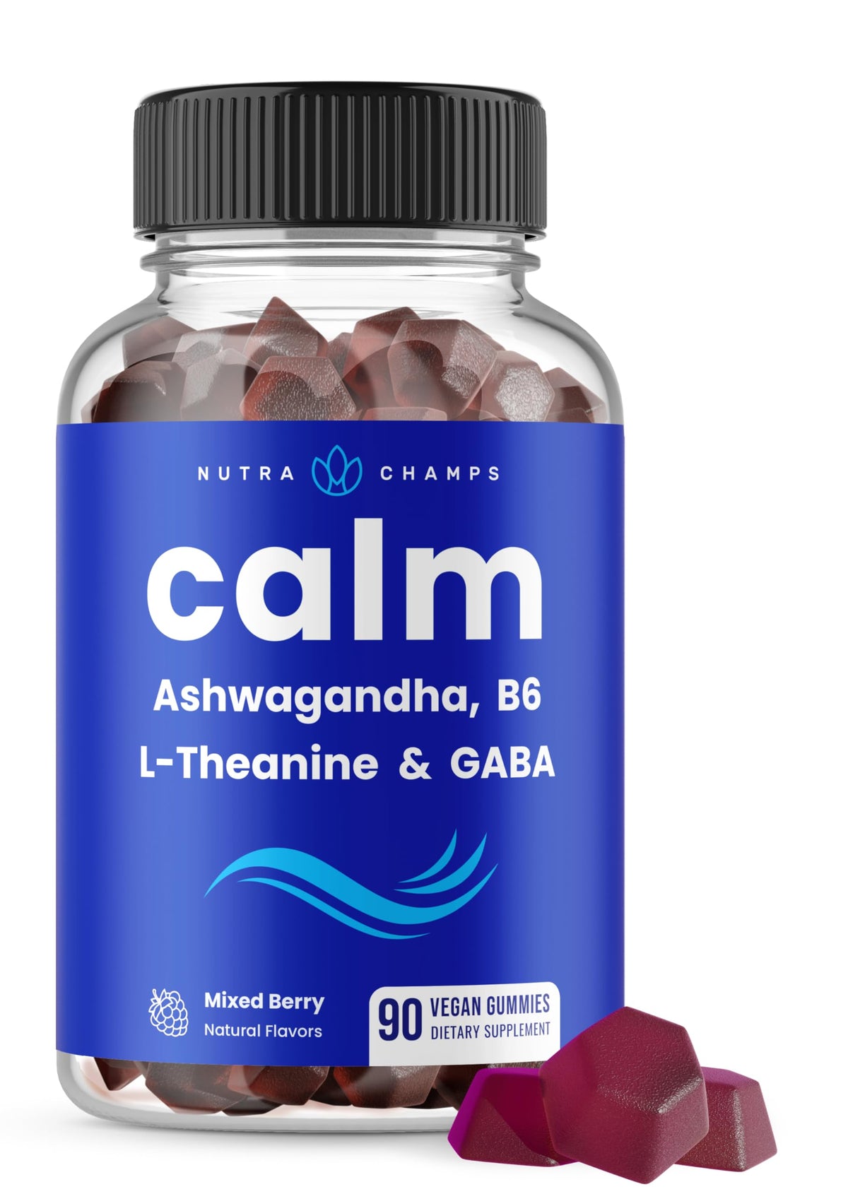 NutraChamps bote frontal con gominolas calmantes y diseño claro, beneficio de conveniencia