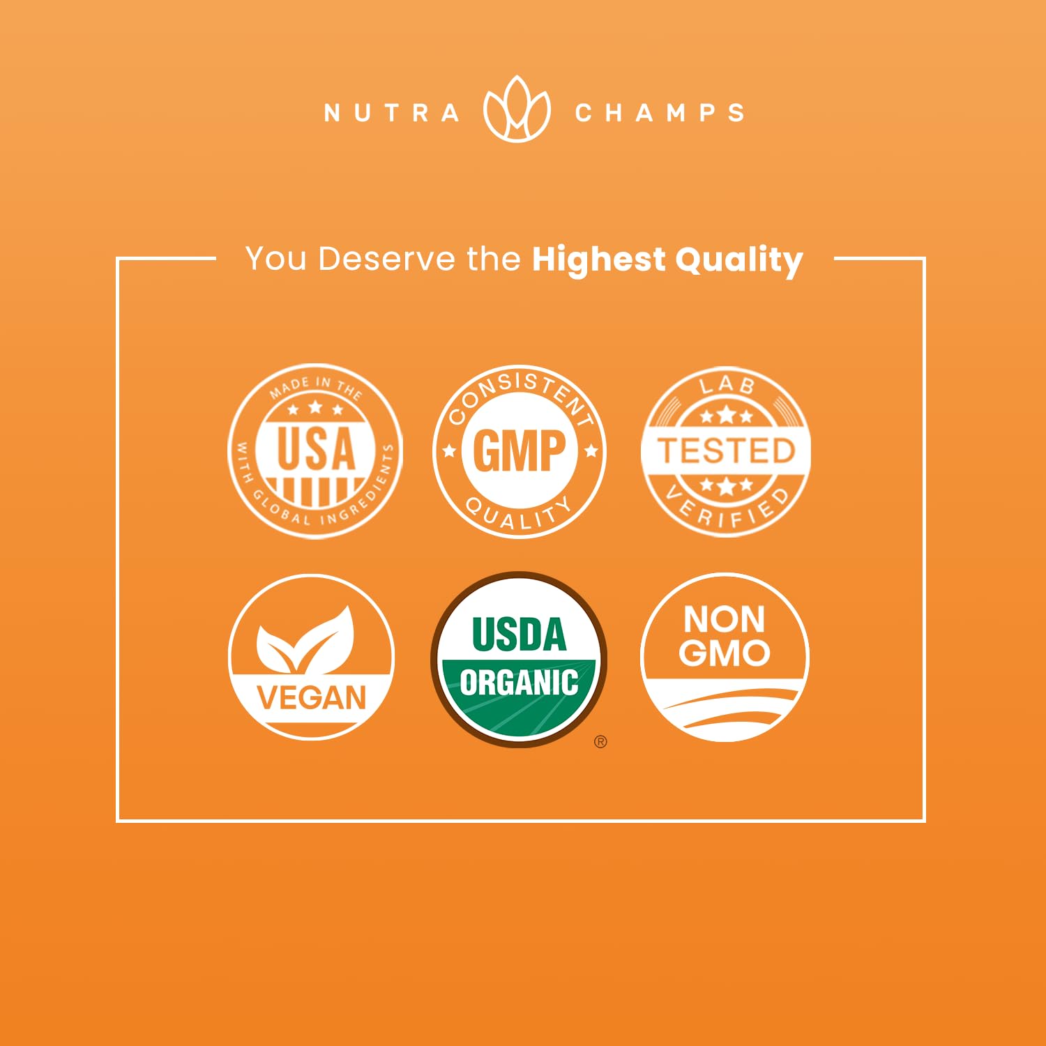 NutraChamps etiqueta con sello USDA Organic y certificaciones para mayor confianza