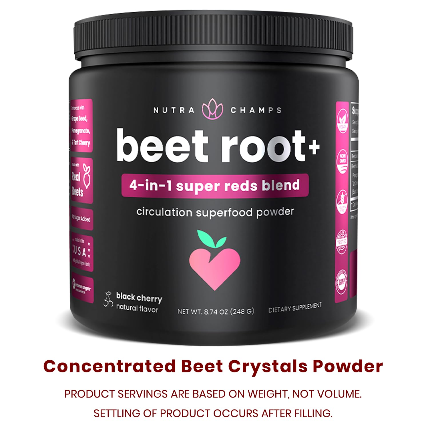 NutraChamps etiqueta con ingredientes enfatizando la mezcla de super rojos