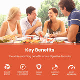 Mesa con alimentos variados y NutraChamps promoviendo digestión balanceada