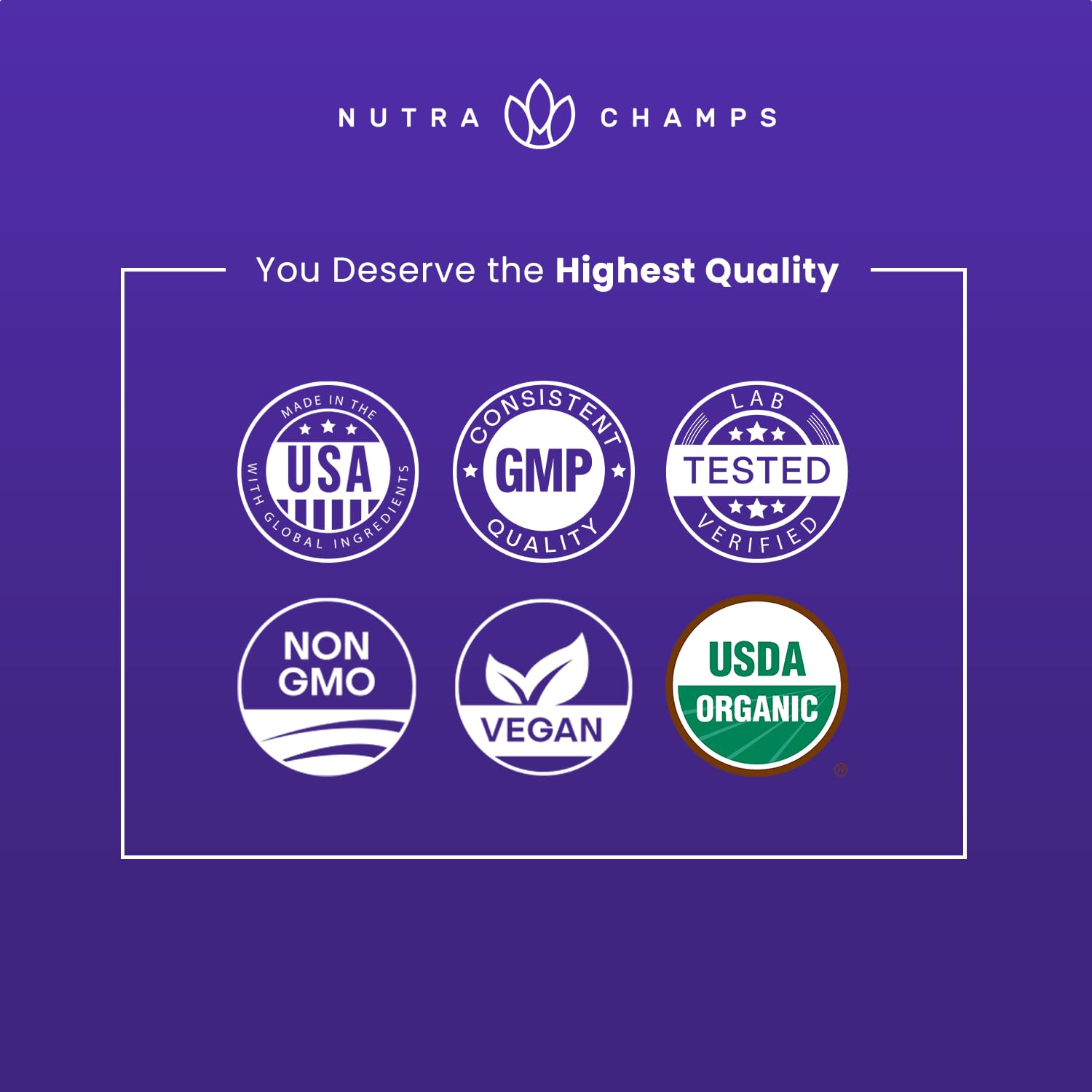 NutraChamps etiqueta con certificaciones orgánicas y libre de alérgenos para confianza