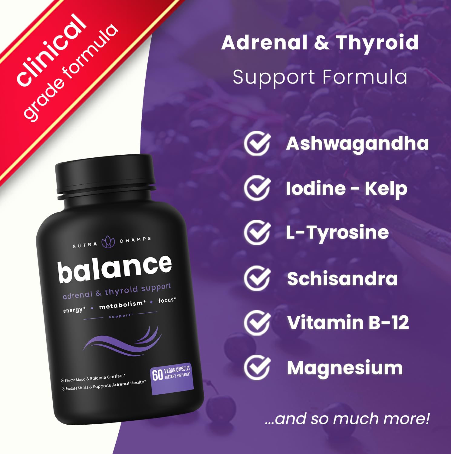 NutraChamps etiqueta con lista de ingredientes clave y perfil limpio