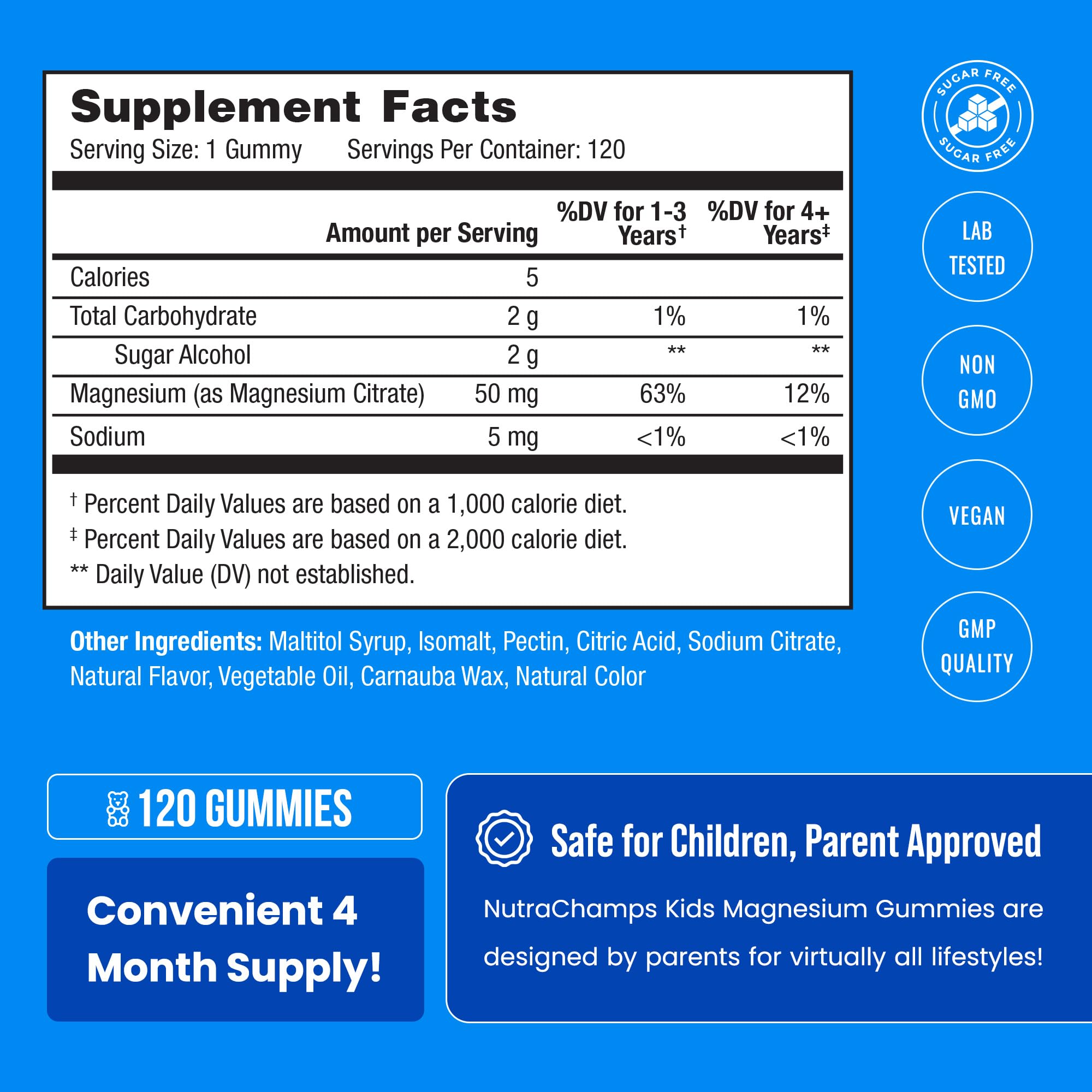 NutraChamps etiqueta con ingredientes y beneficios sin alérgenos para padres