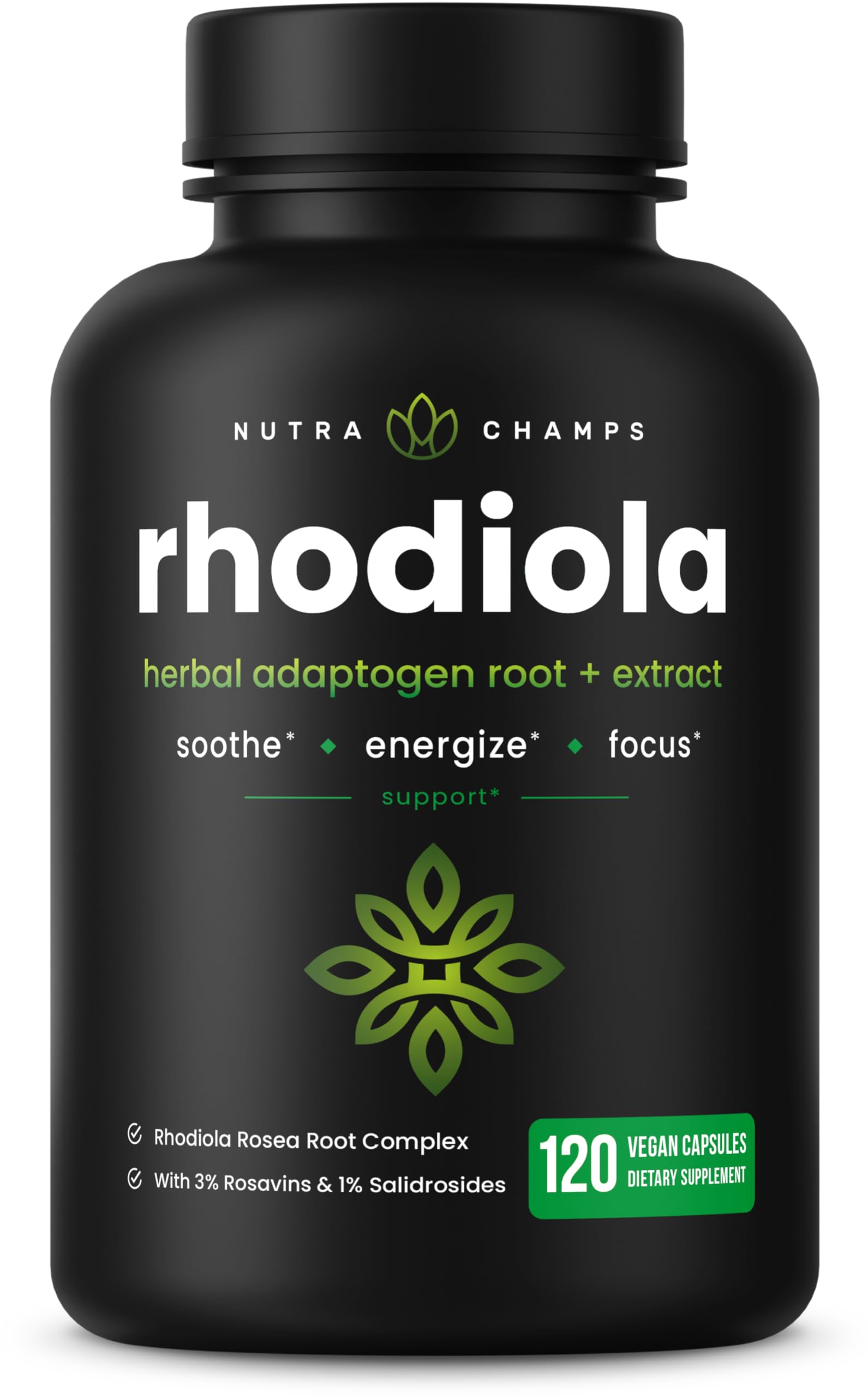 NutraChamps frasco delantero Rhodiola mostrando diseño y cantidad