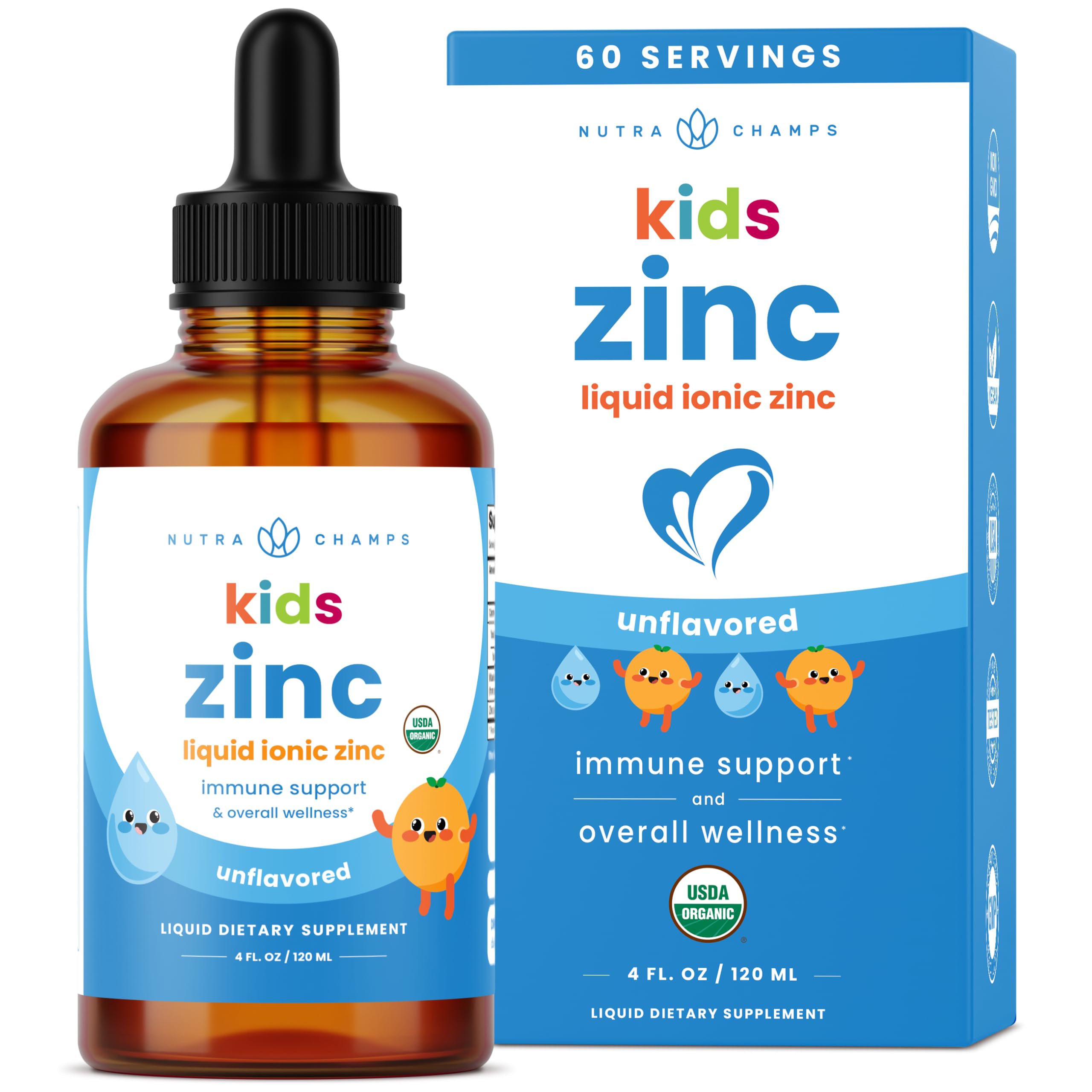 NutraChamps frasco frontal de zinc para niños, etiqueta clara y beneficios visibles