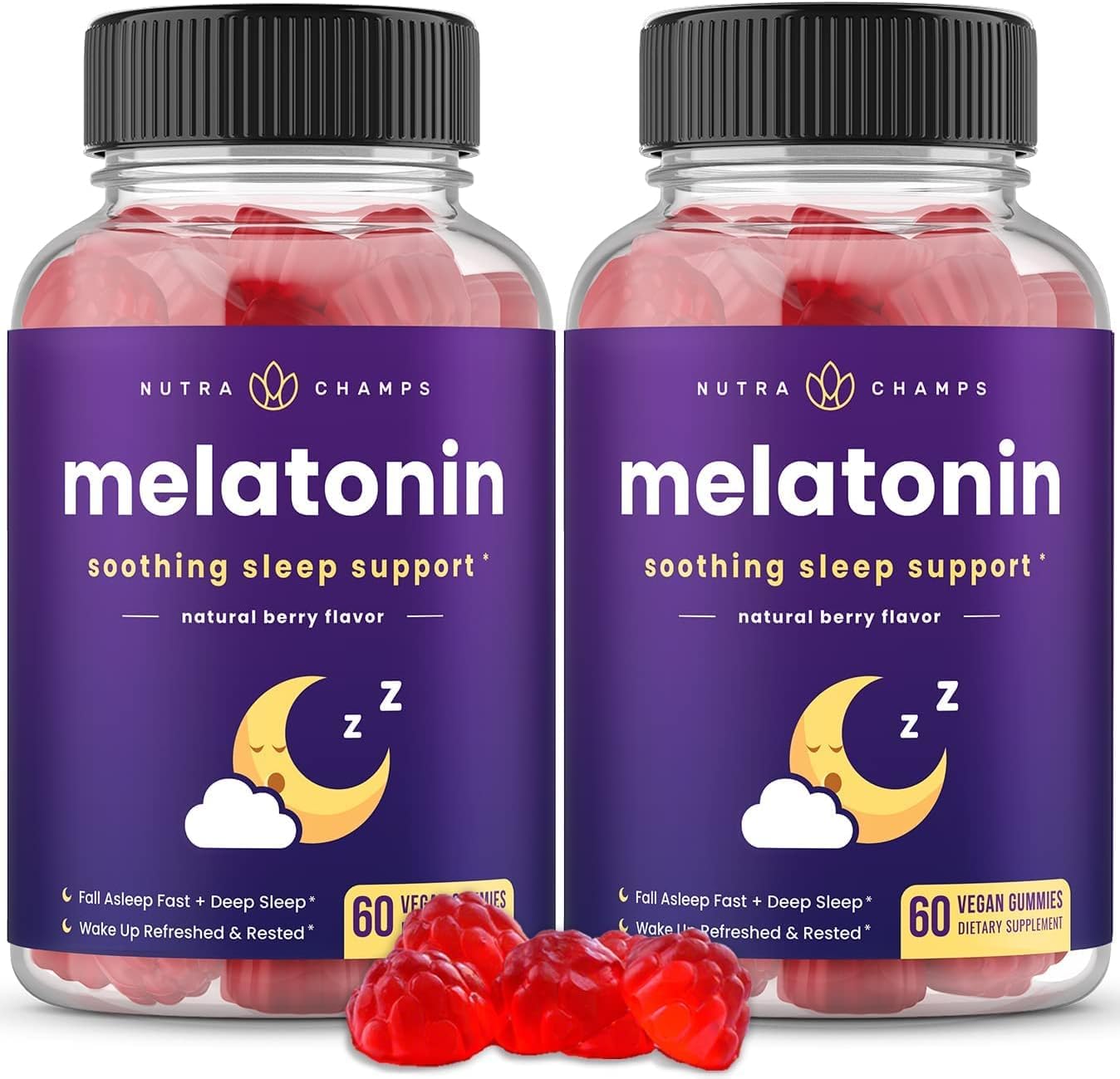 NutraChamps envase frontal con gominolas, muestra dosis y sabor frutos rojos