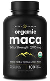 NutraChamps frasco frontal de maca 2100mg mostrando etiqueta orgánica y cantidad