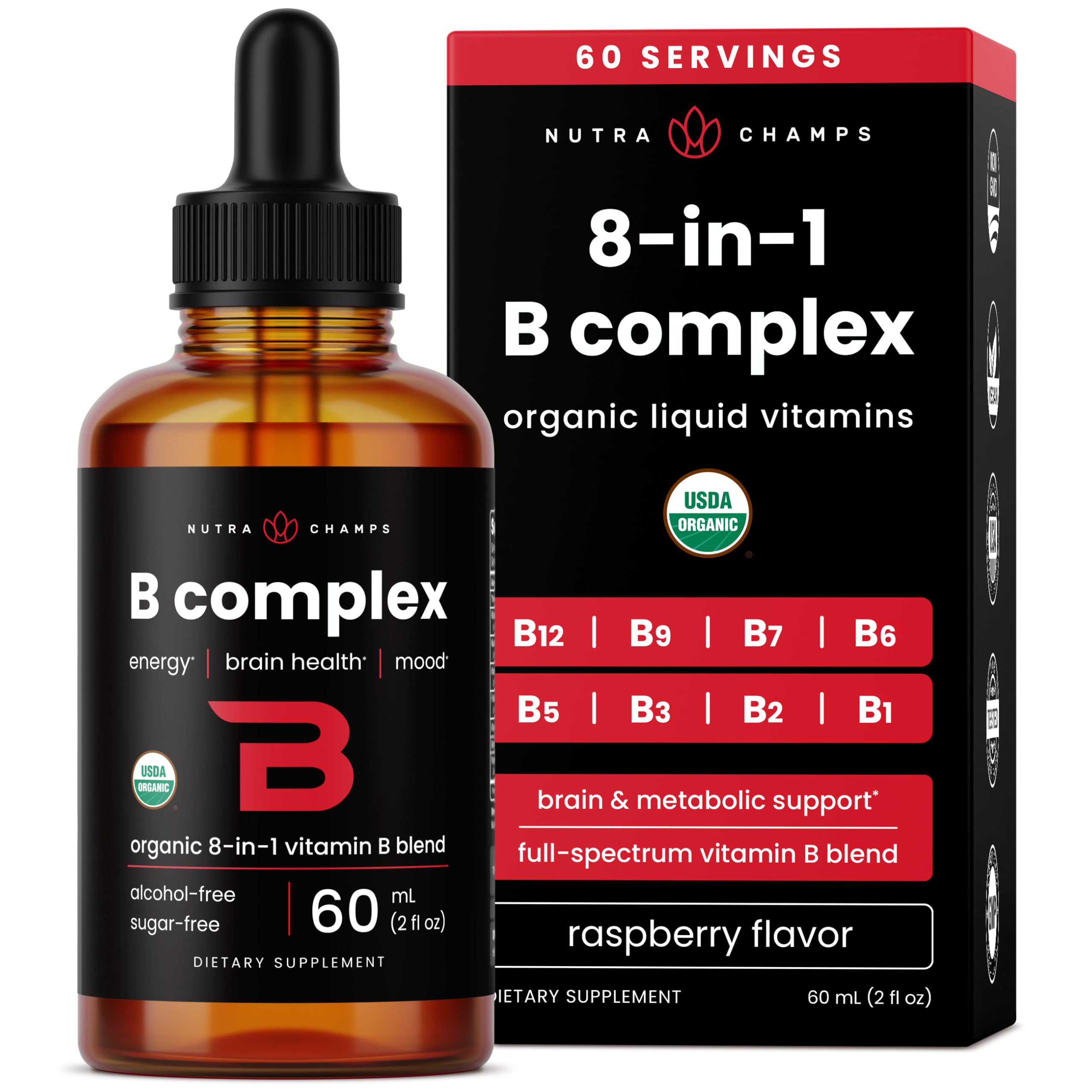 NutraChamps envase frontal del complejo B orgánico mostrando tamaño y diseño