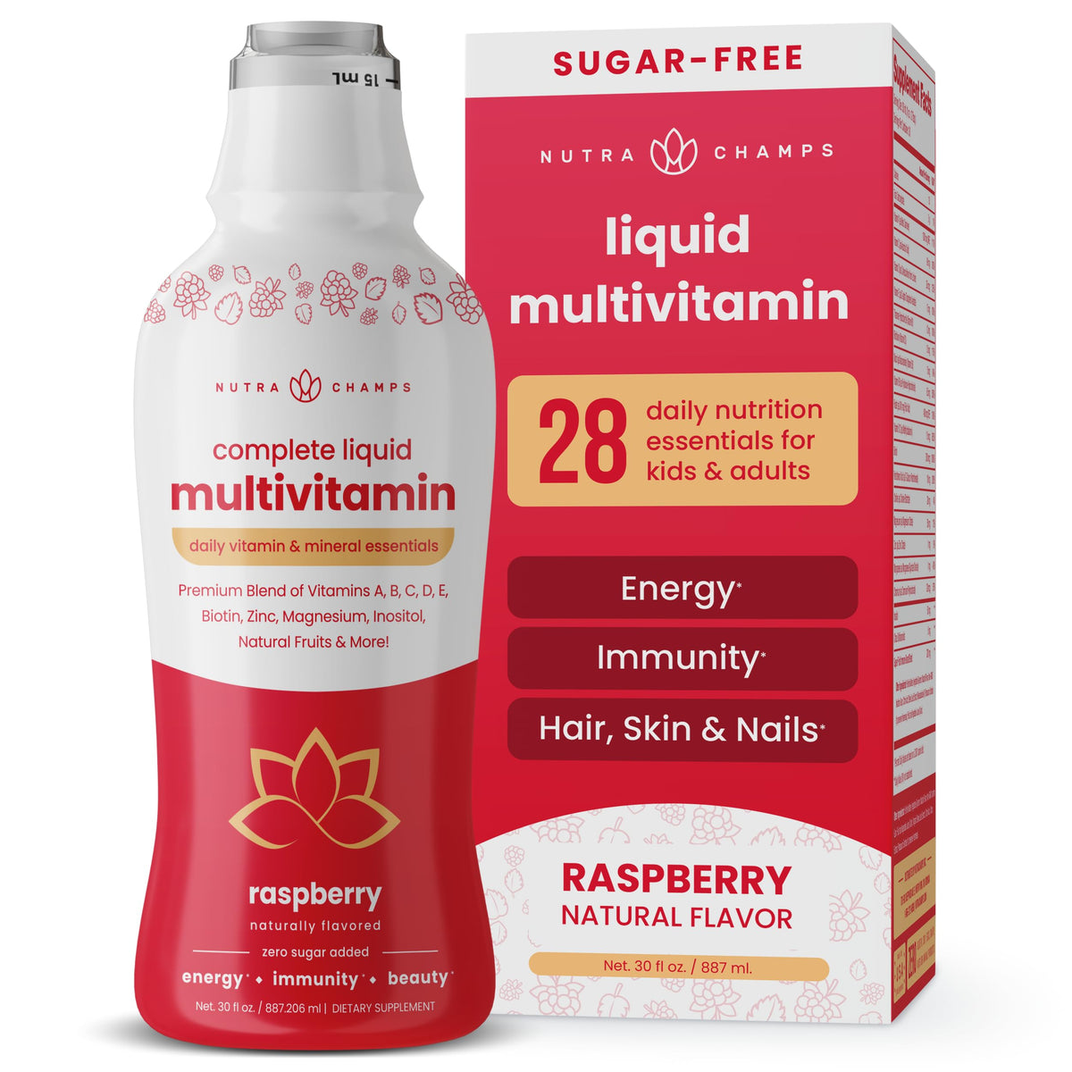 NutraChamps envase frontal mostrando el producto y beneficios visibles