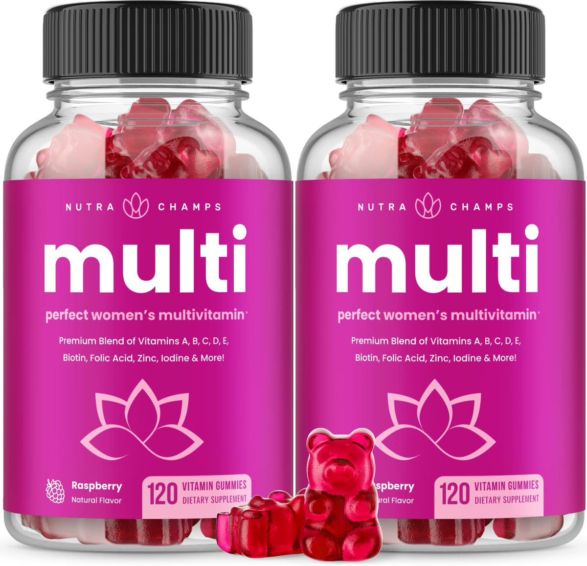 NutraChamps envase frontal mostrando 240 gomitas y beneficio conveniencia