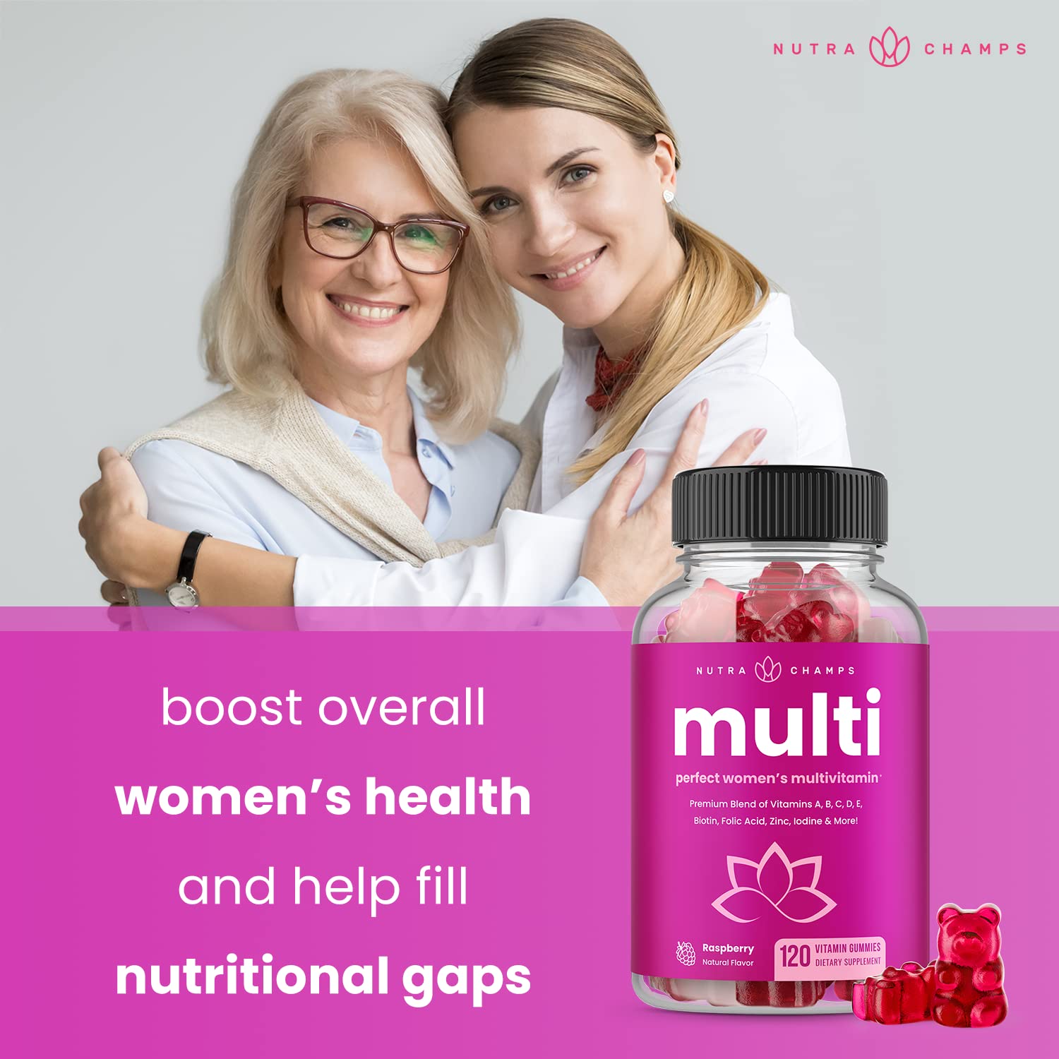 NutraChamps mano sosteniendo gomita para mostrar tamaño y facilidad