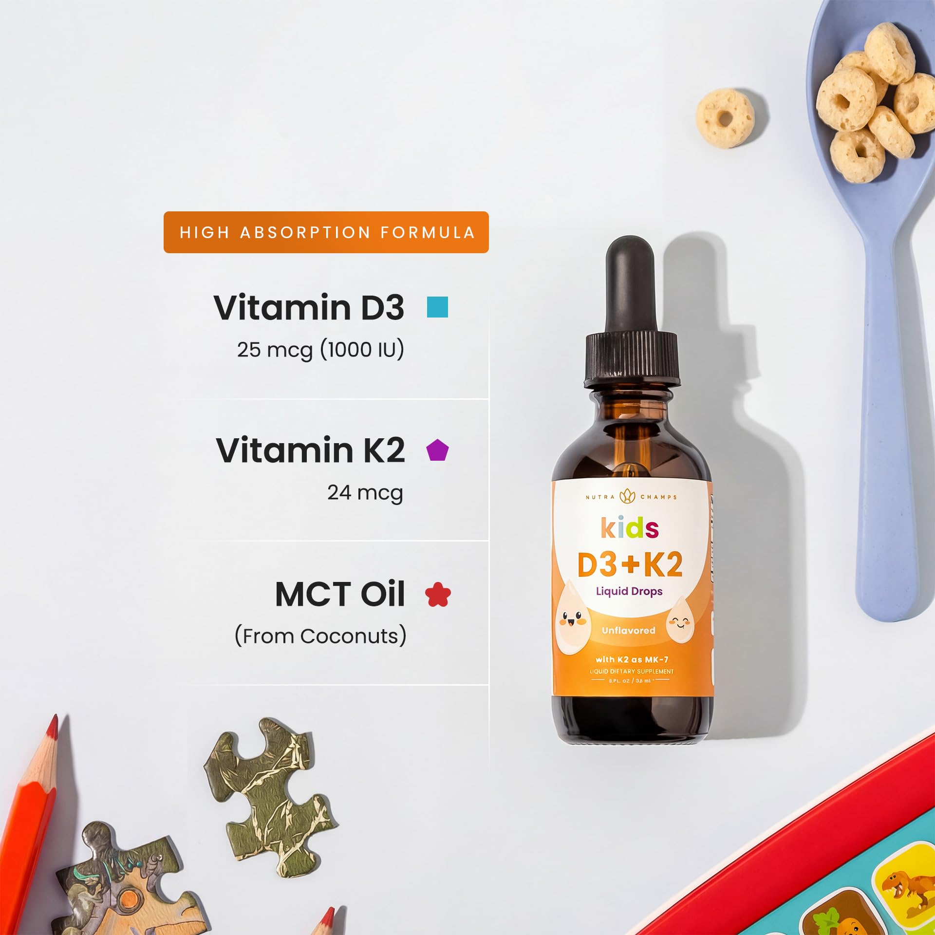 NutraChamps gotas en jugo demostrando administración fácil