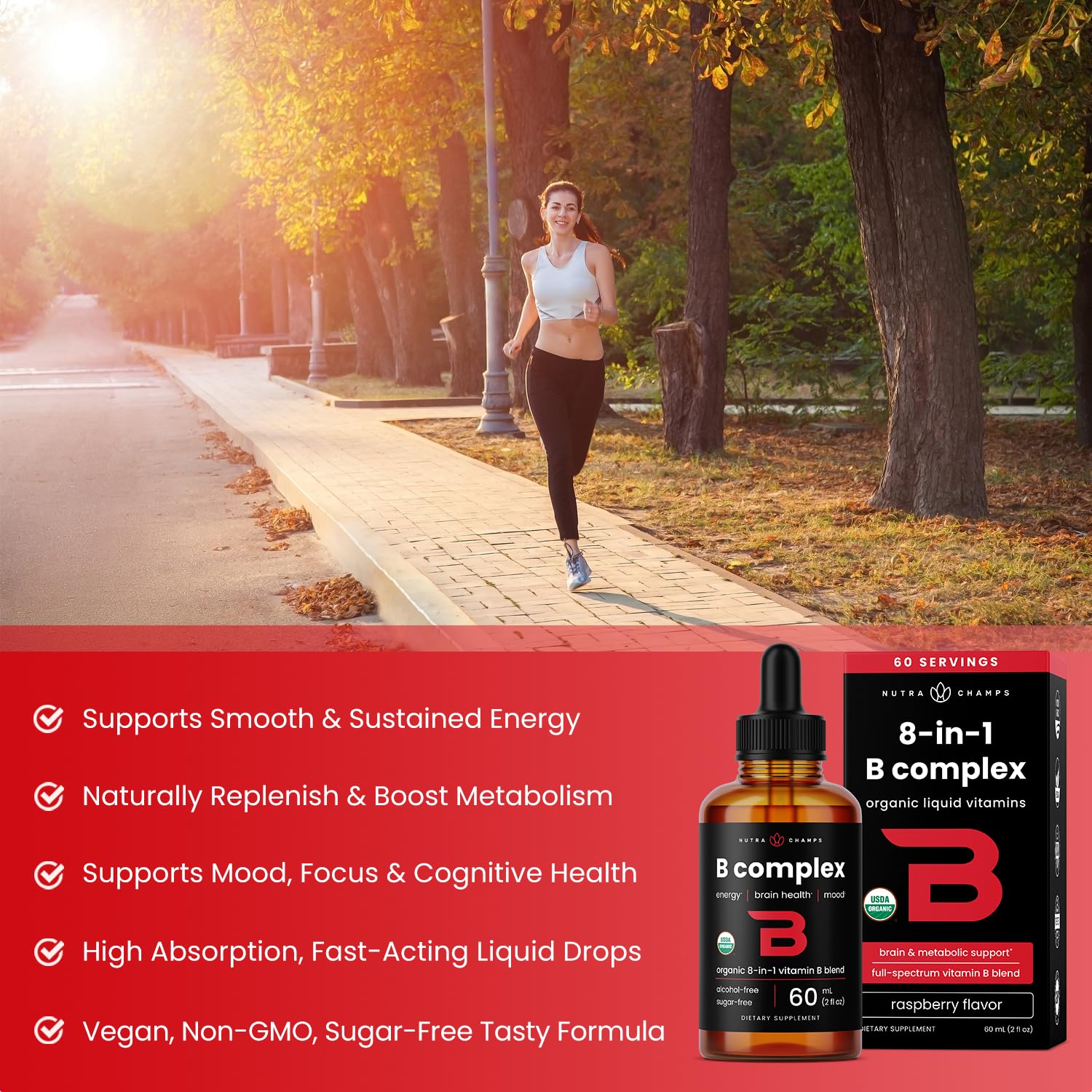 NutraChamps persona colocando gotas sublinguales para absorción rápida