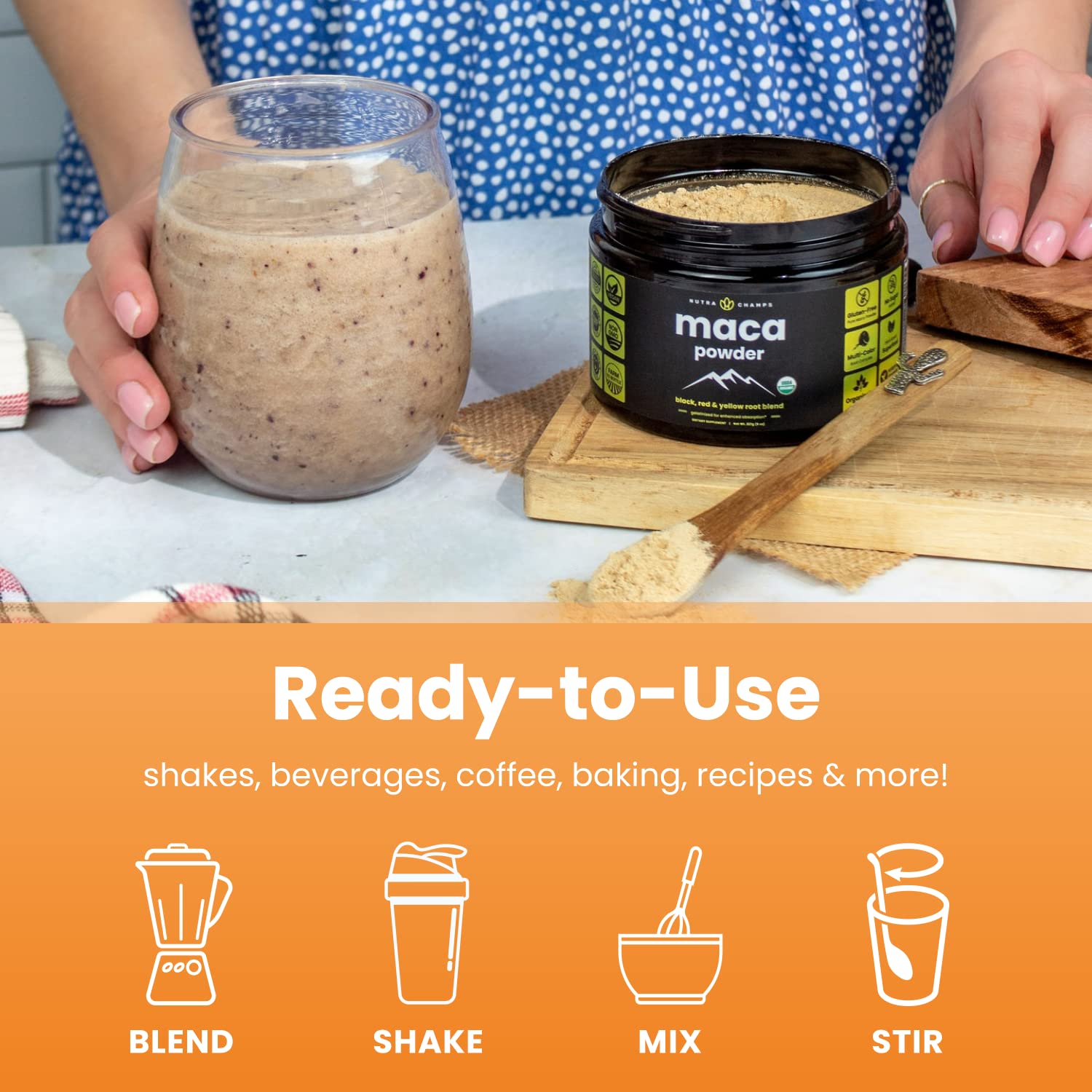 NutraChamps maca añadida a batido, uso en cocina para energía natural
