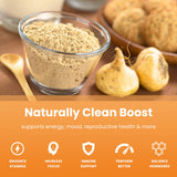 NutraChamps maca en cucharada para comparar tamaño de porción y dosificación