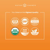 NutraChamps etiqueta del producto con mezcla de raíces y certificación orgánica