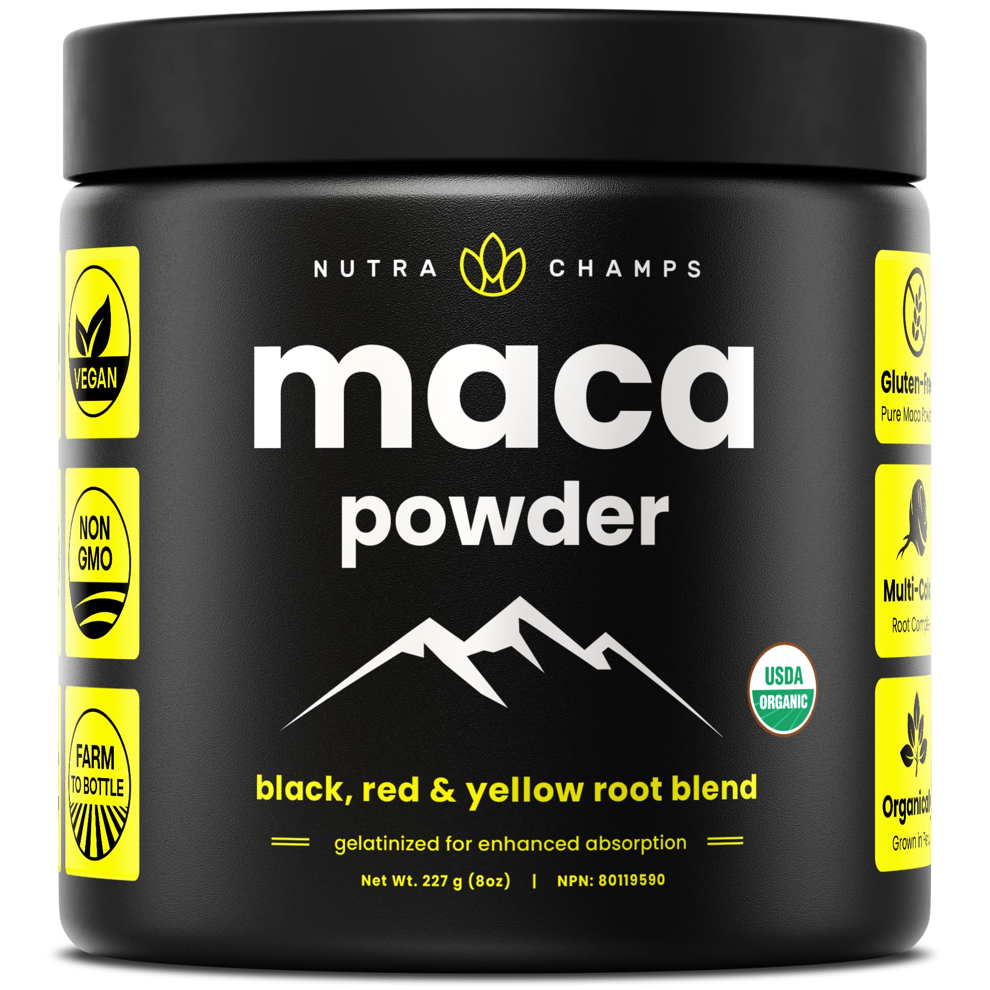 NutraChamps maca orgánica frente del paquete, presentación práctica y resellable