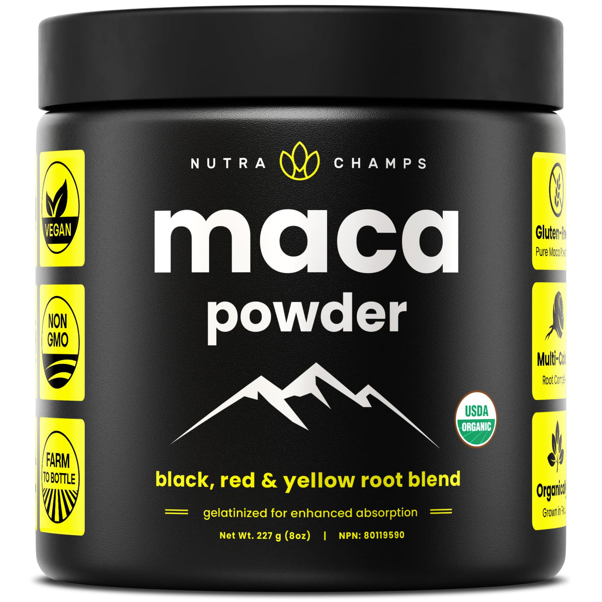 NutraChamps maca orgánica frente del paquete, presentación práctica y resellable