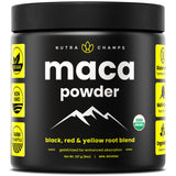 NutraChamps maca orgánica frente del paquete, presentación práctica y resellable