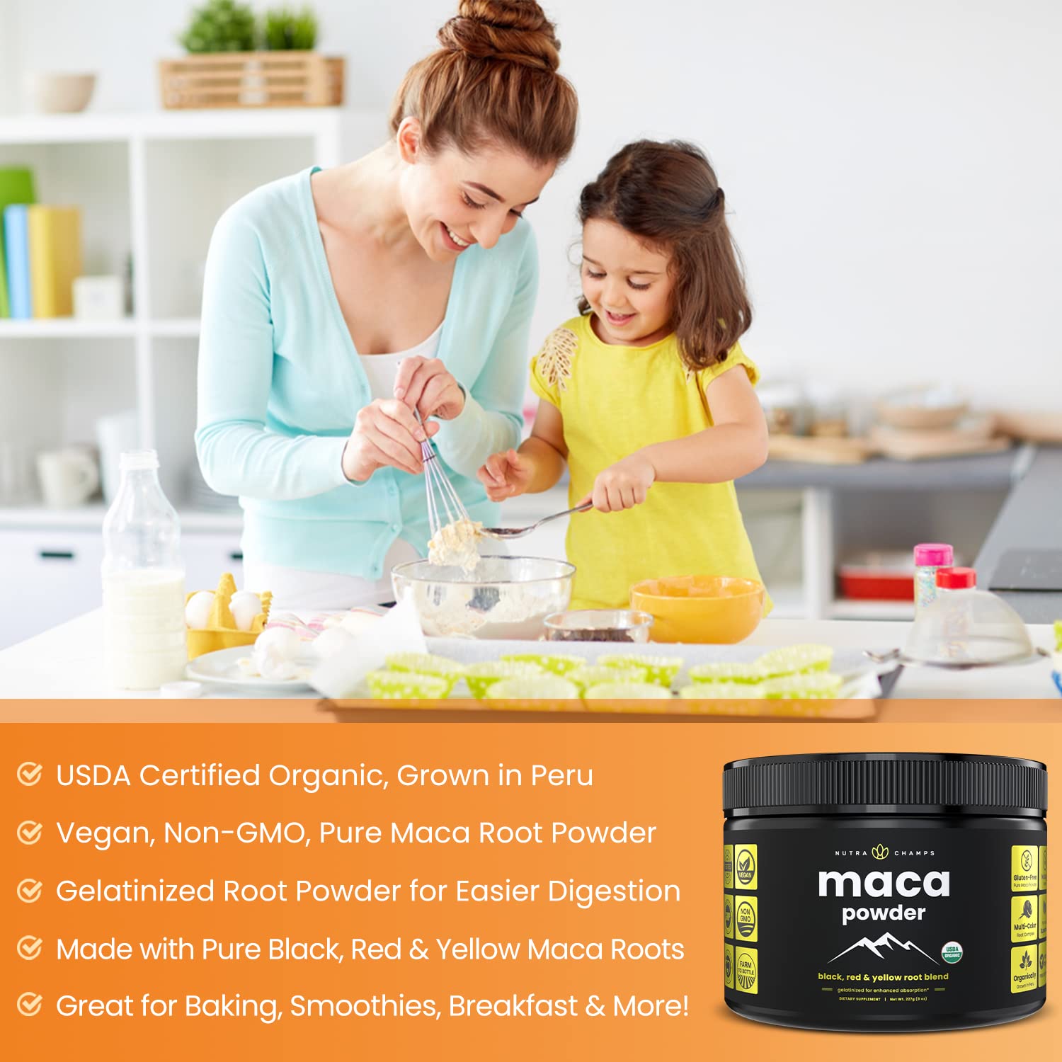 NutraChamps maca en polvo textura fina, fácil disolución y mejor digestión
