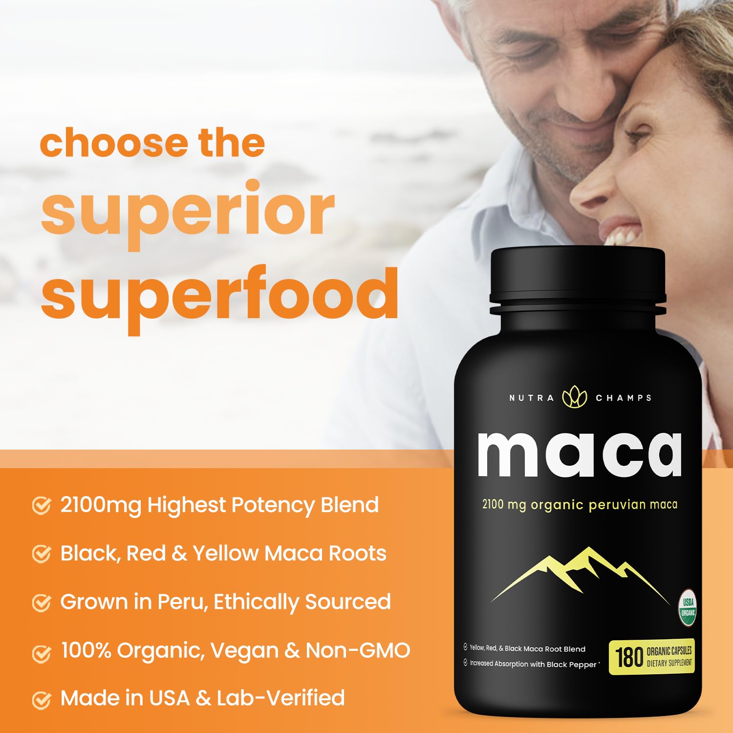 NutraChamps mezcla de maca negra roja y amarilla en polvo mostrando variedad y pureza