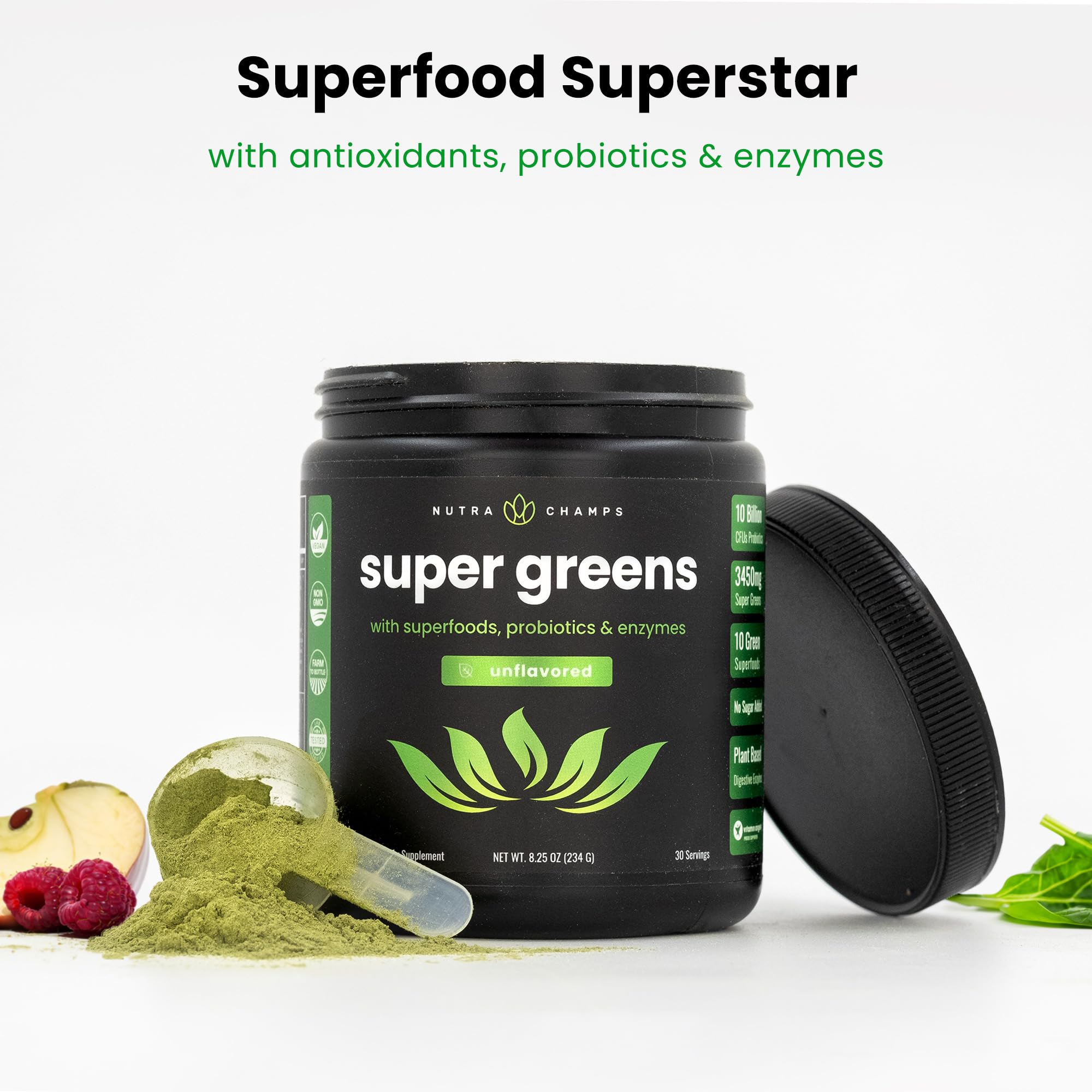 NutraChamps batido verde preparado ilustrando mezcla sin alterar sabor