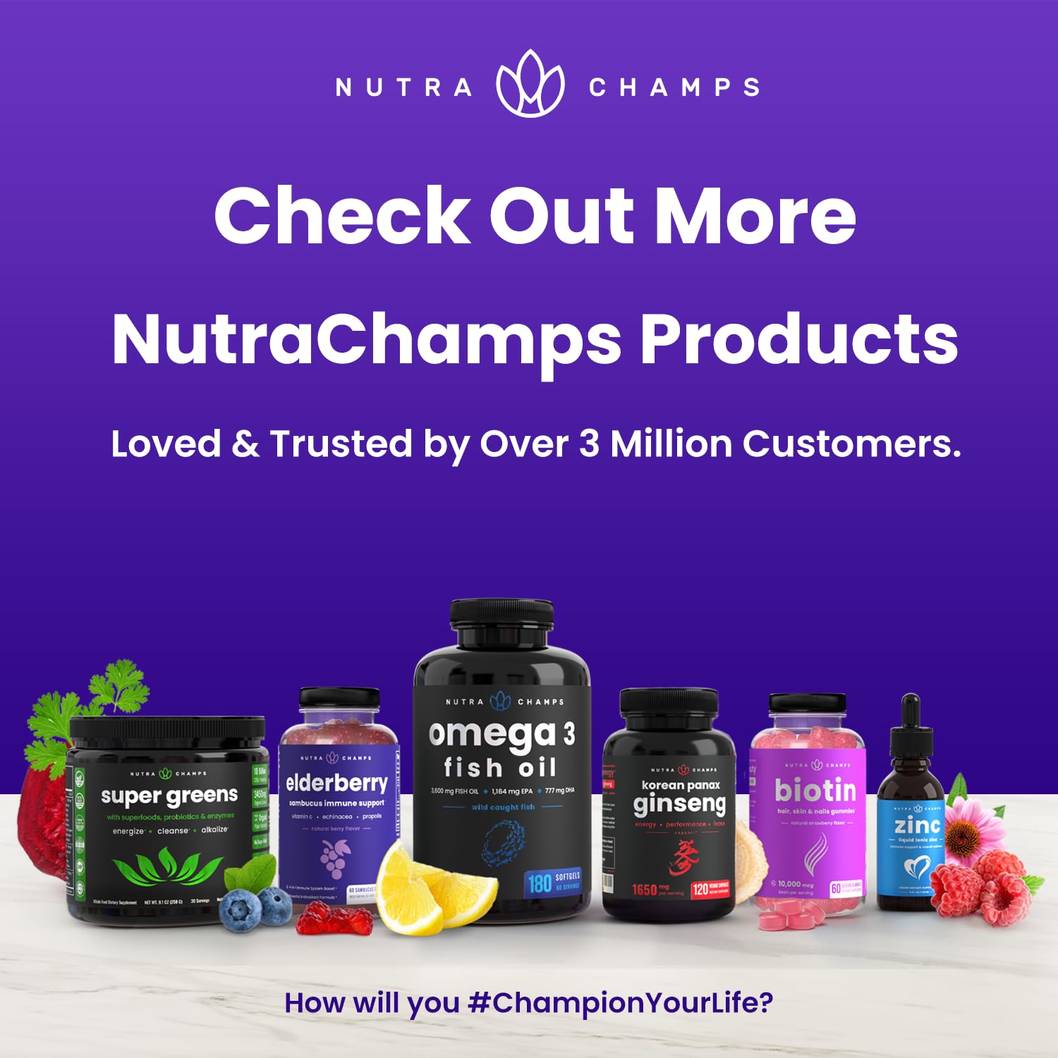 NutraChamps frasco y gomitas sobre mesa, presentación para almacenamiento