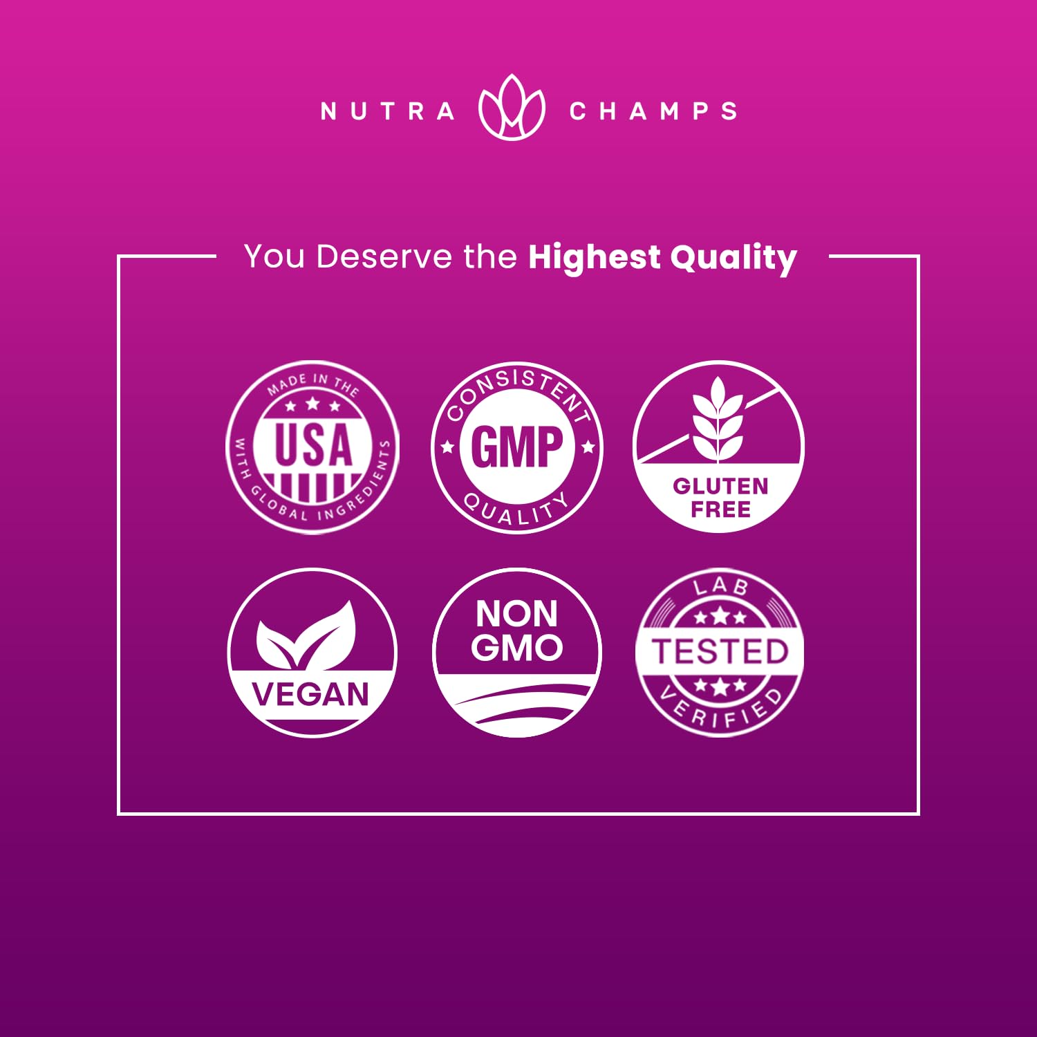 NutraChamps etiqueta con lista de ingredientes y certificaciones visibles