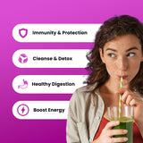 NutraChamps vaso con Super Greens mezclado listo para beber, energía rápida al instante