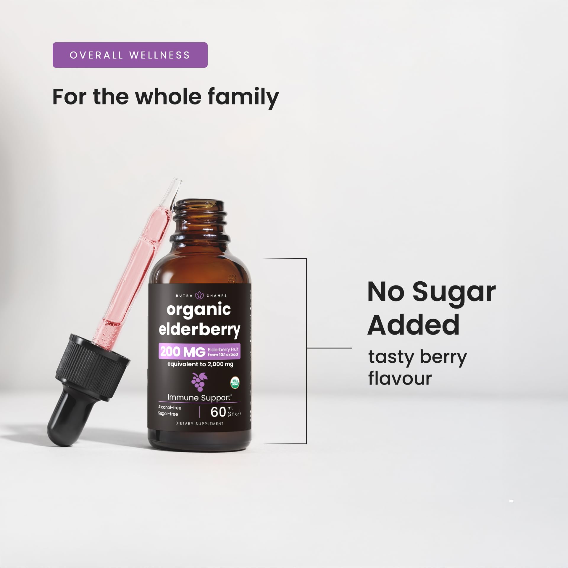 NutraChamps frasco junto a regla para comparar tamaño 2oz, beneficio: portátil