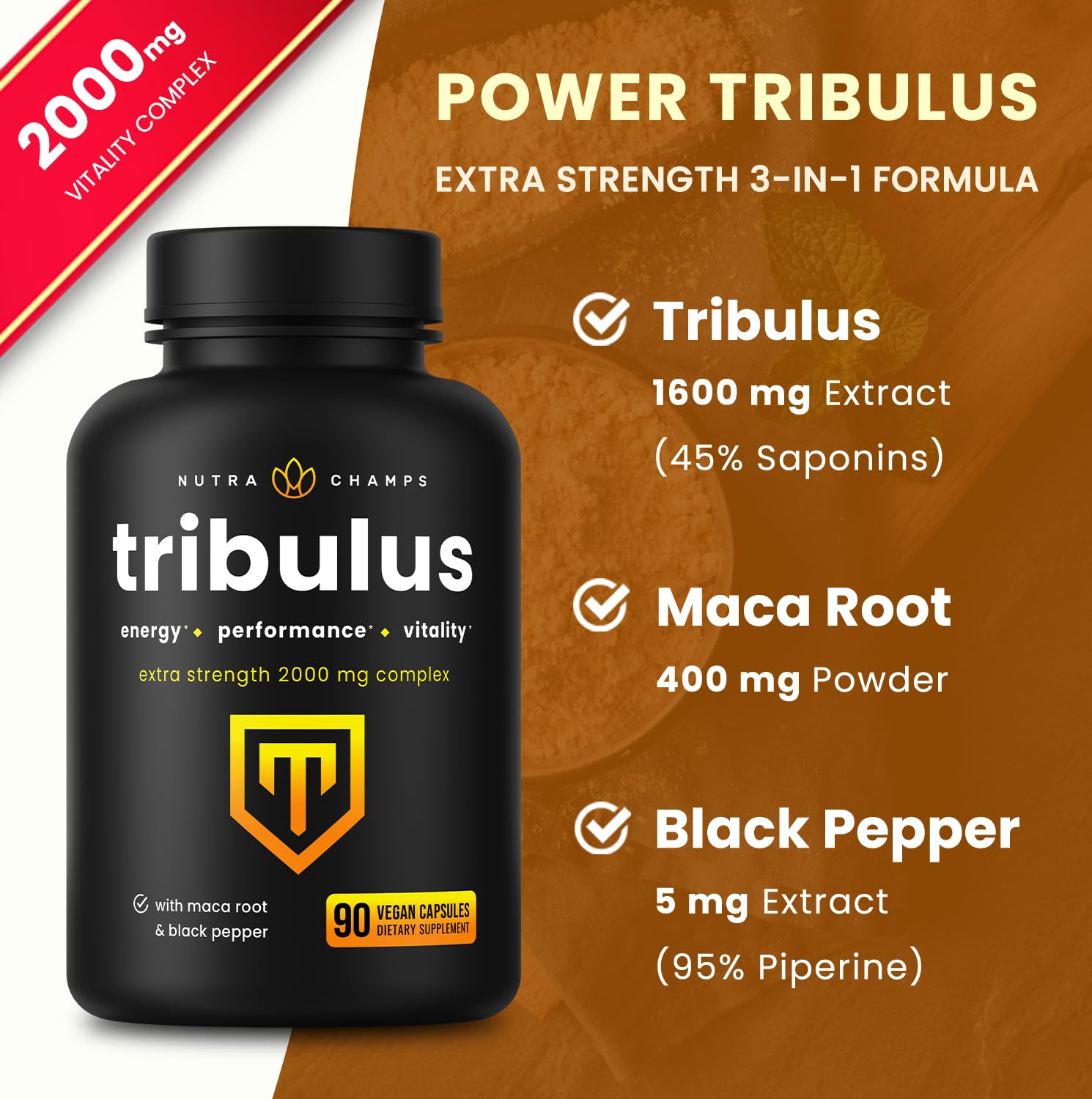 NutraChamps tribulus ingredientes maca y tribulus representados para transparencia