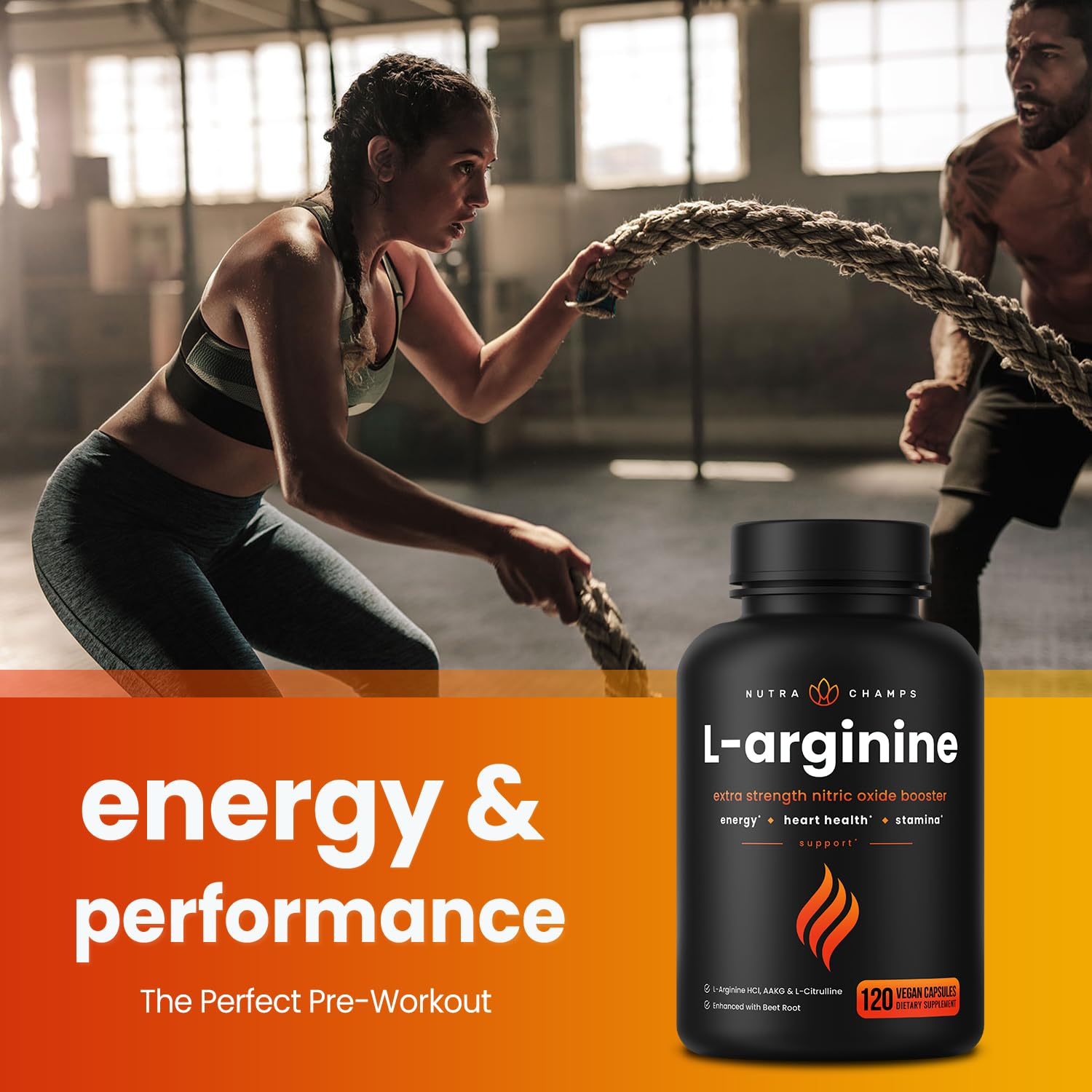 NutraChamps cápsula junto a accesorios de entrenamiento indicando uso pre-entreno