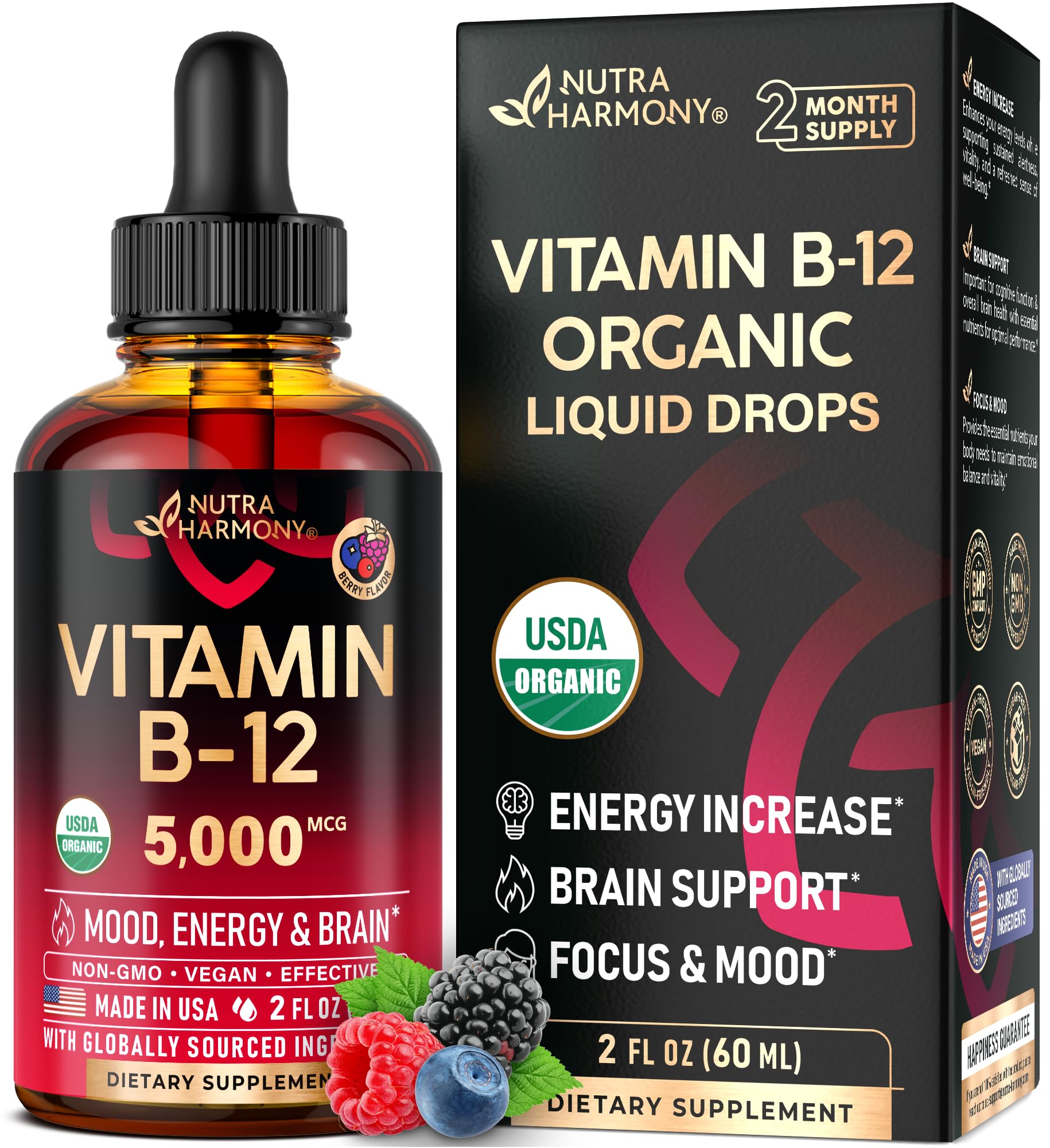 NUTRAHARMONY botella frontal mostrando la fórmula orgánica y beneficio de absorción