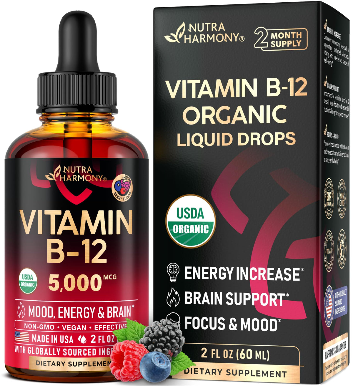 NUTRAHARMONY botella frontal mostrando la fórmula orgánica y beneficio de absorción