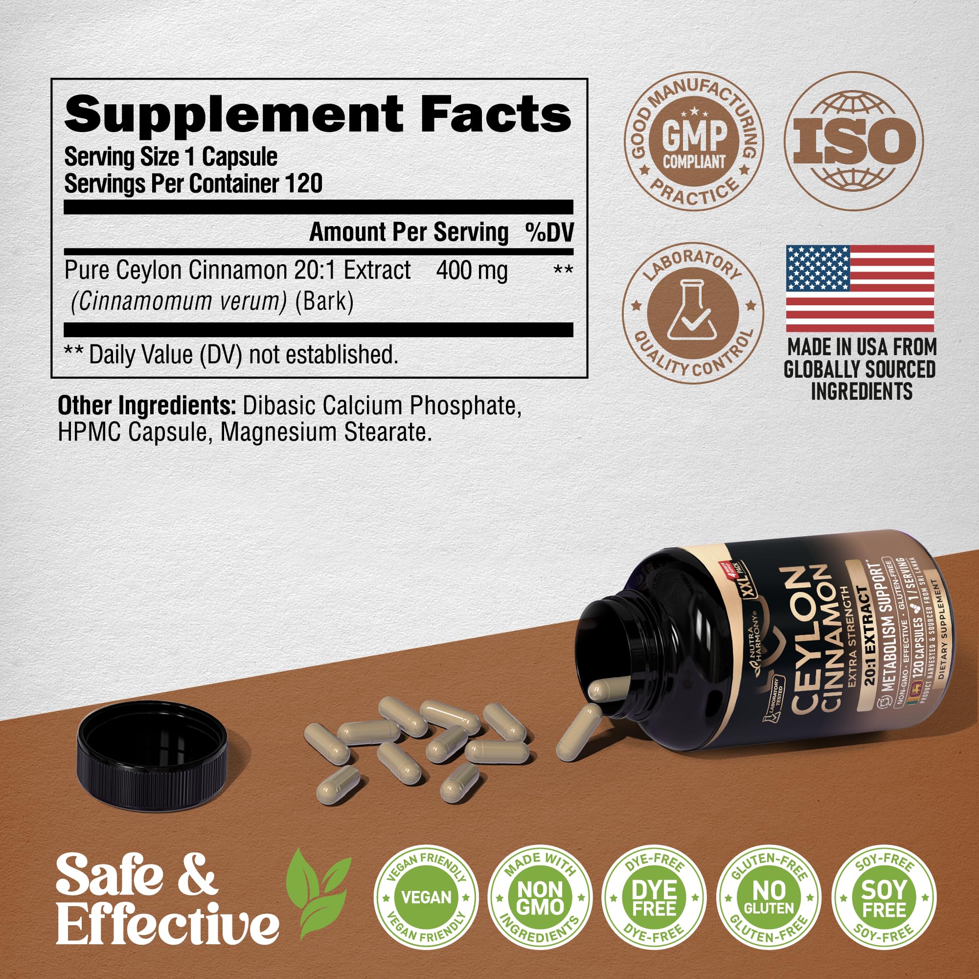 NUTRAHARMONY etiqueta con detalles de ingredientes y pruebas de laboratorio