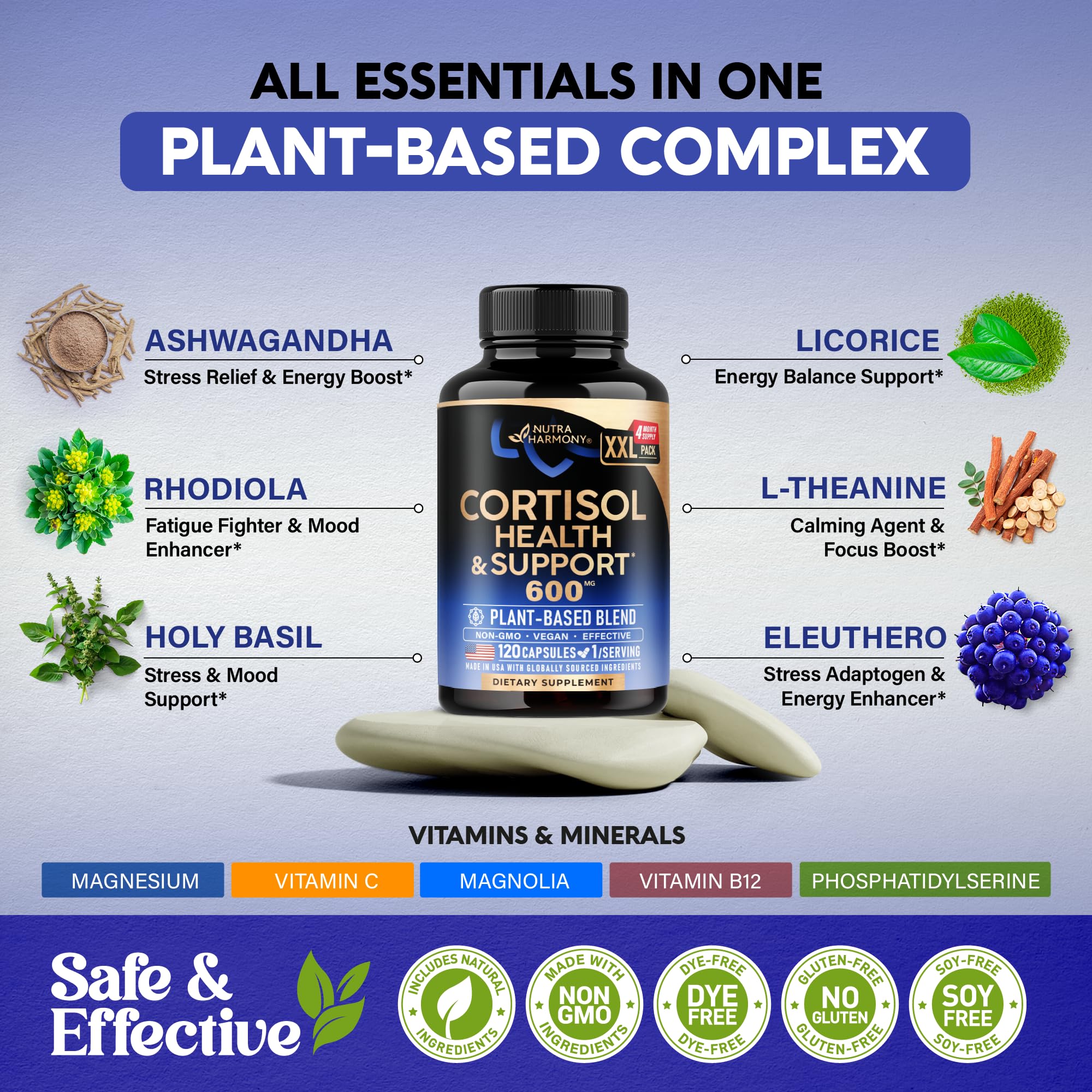 NUTRAHARMONY mezcla de ashwagandha, rhodiola y albahaca santa visibles