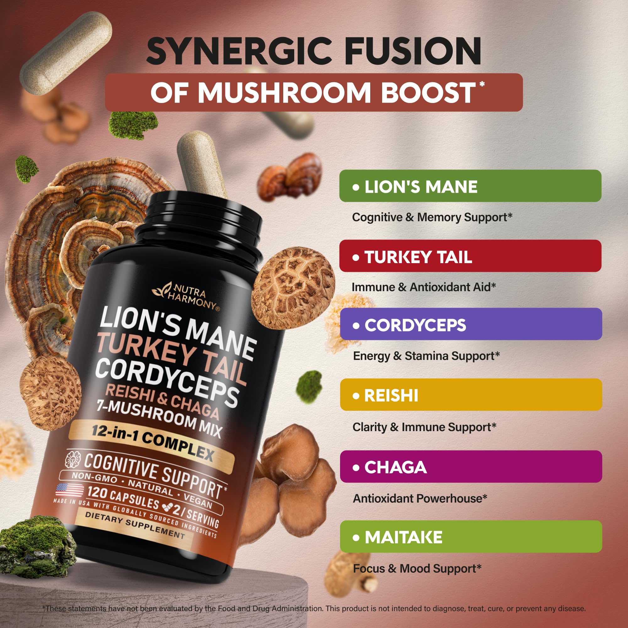 NUTRAHARMONY etiqueta en primer plano con lista de 12 hongos