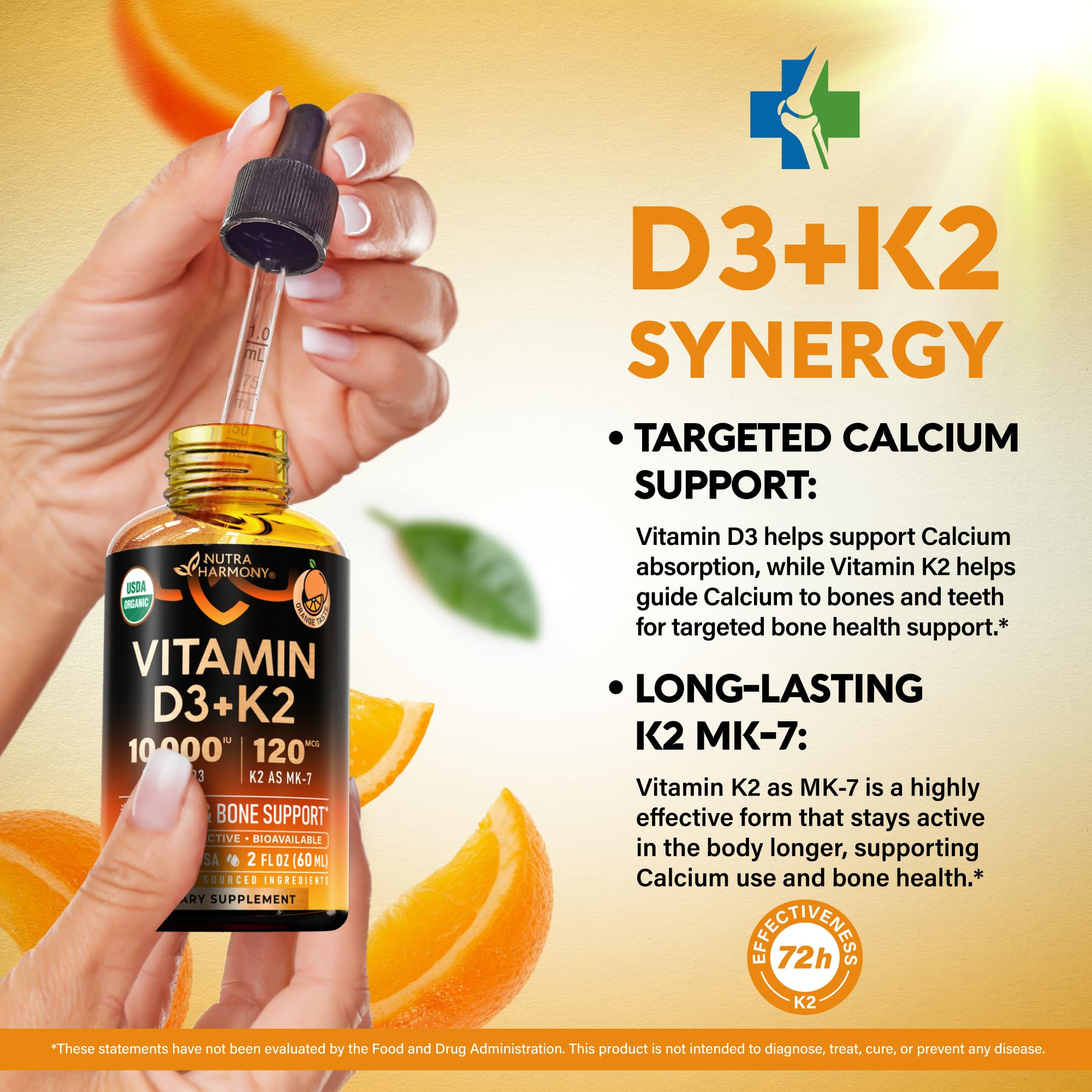 NUTRAHARMONY etiqueta frontal con información de D3 10000 IU y K2 MK‑7