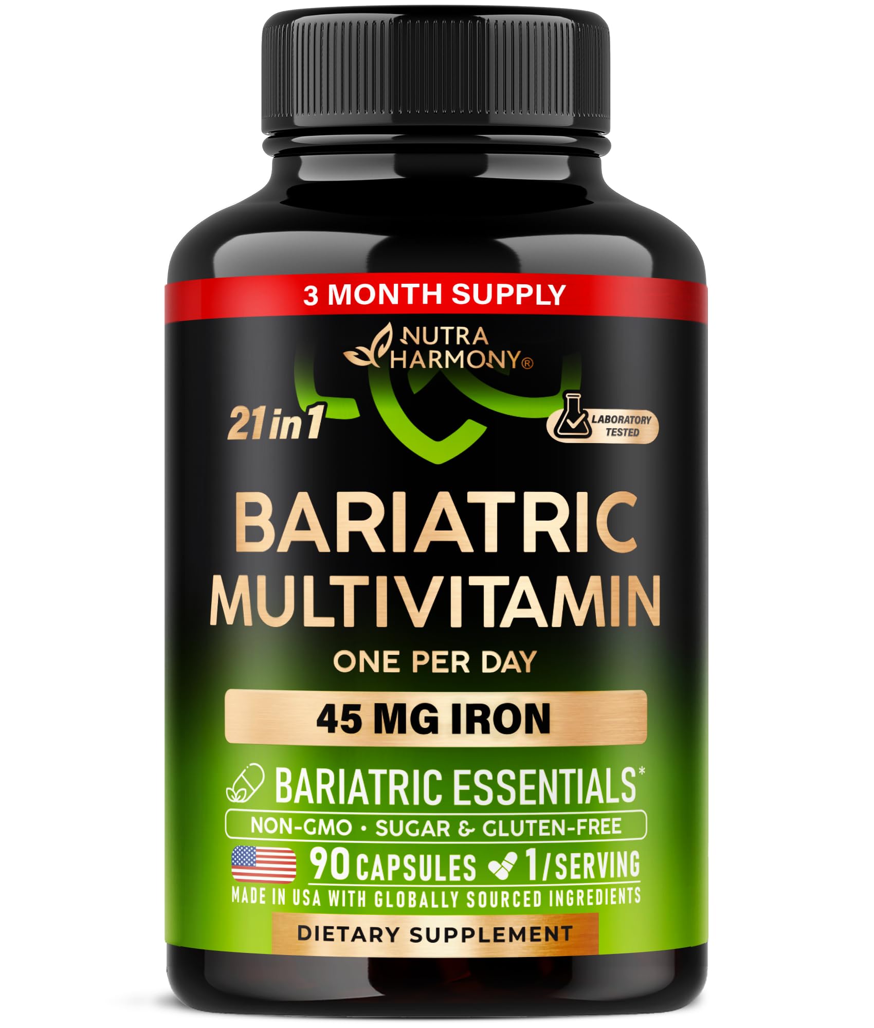 NUTRAHARMONY frasco delantero mostrando 90 cápsulas y beneficio de soporte bariátrico