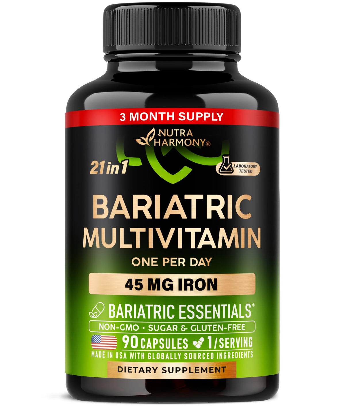 NUTRAHARMONY frasco delantero mostrando 90 cápsulas y beneficio de soporte bariátrico