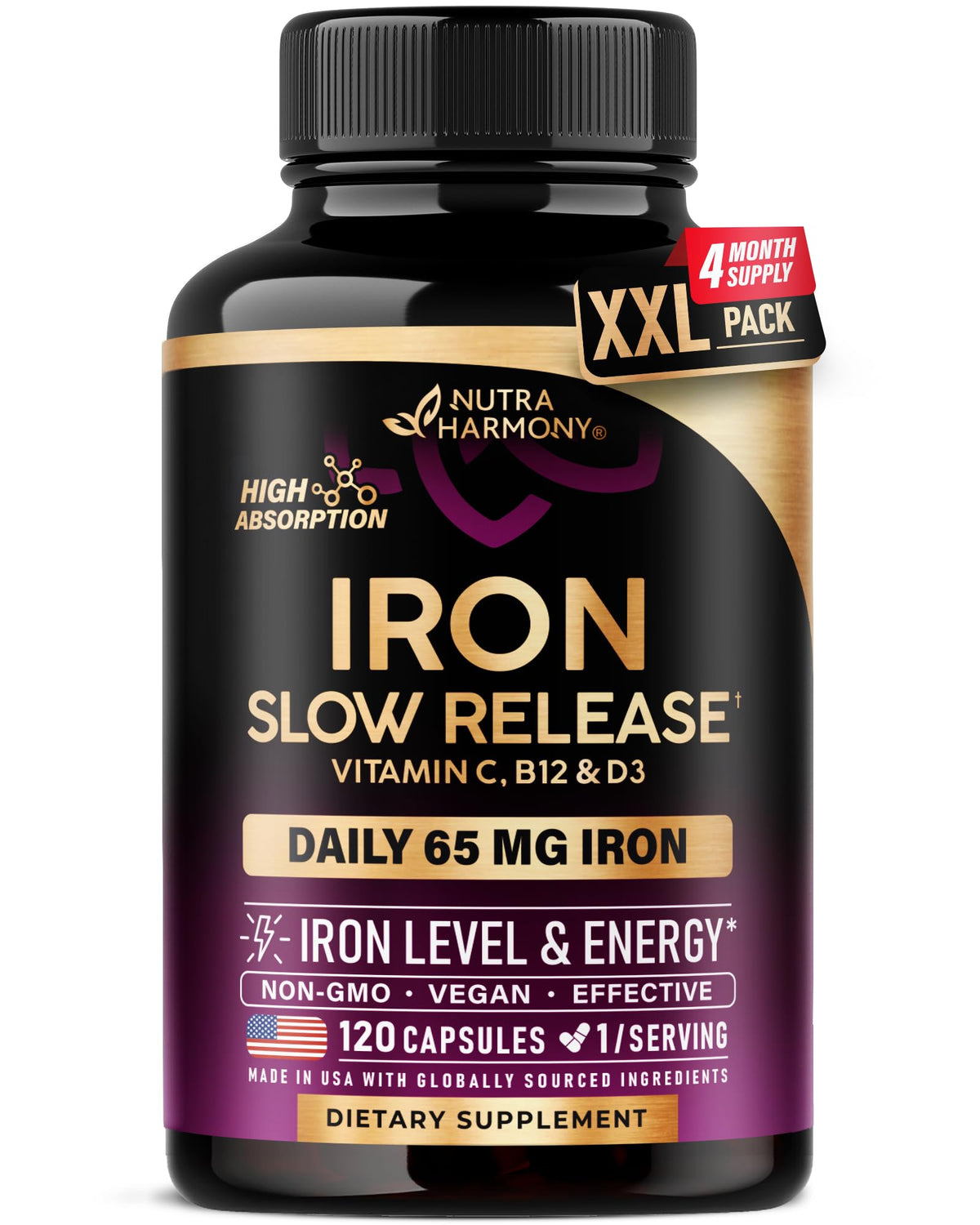 NUTRAHARMONY frasco frontal que muestra hierro 65mg y beneficios de absorción