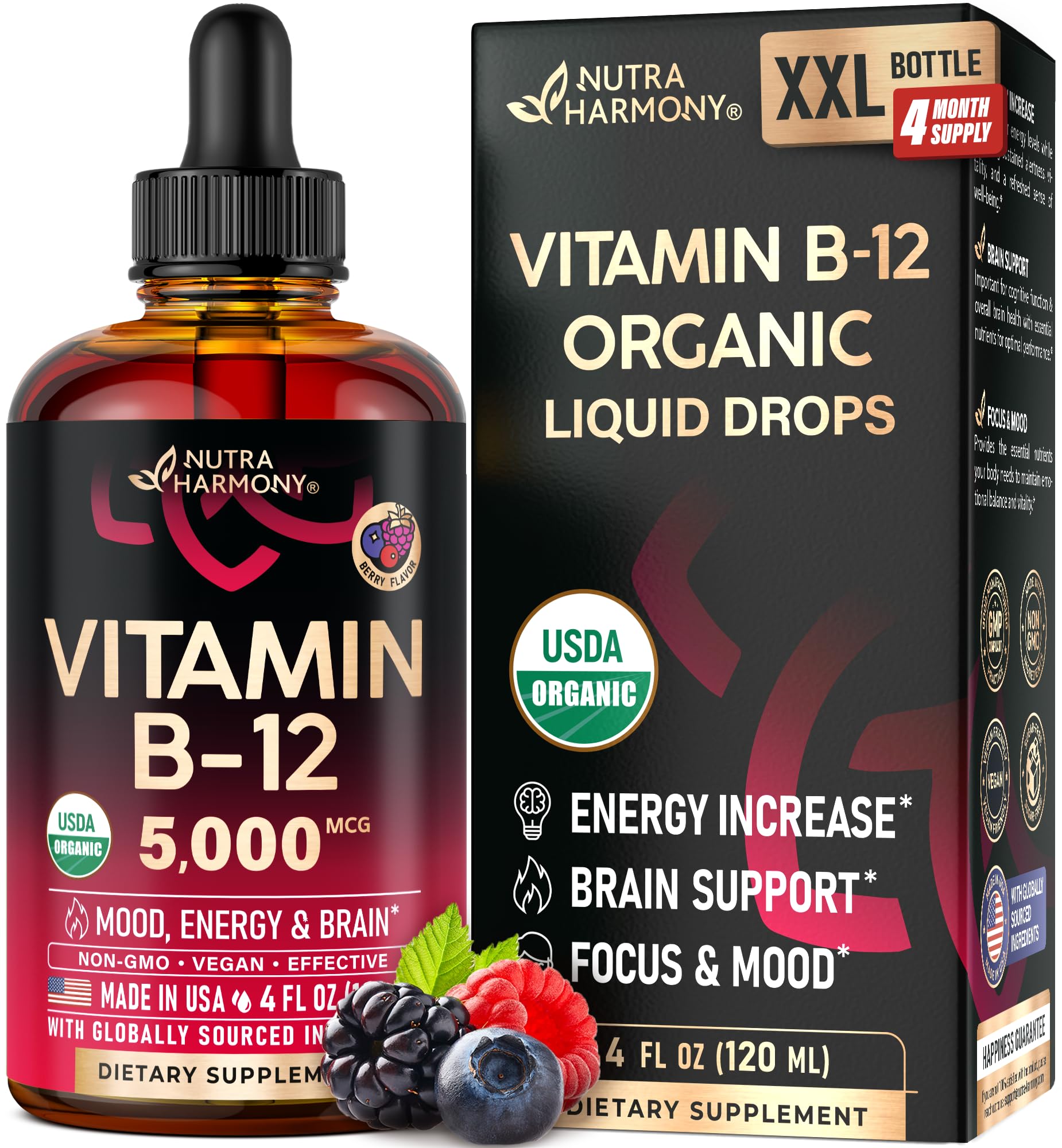 NUTRAHARMONY frente del empaque mostrando B12 orgánica y beneficio claridad