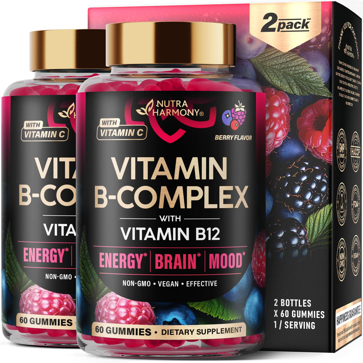 NUTRAHARMONY frente del empaque muestra sello vegano y cantidad